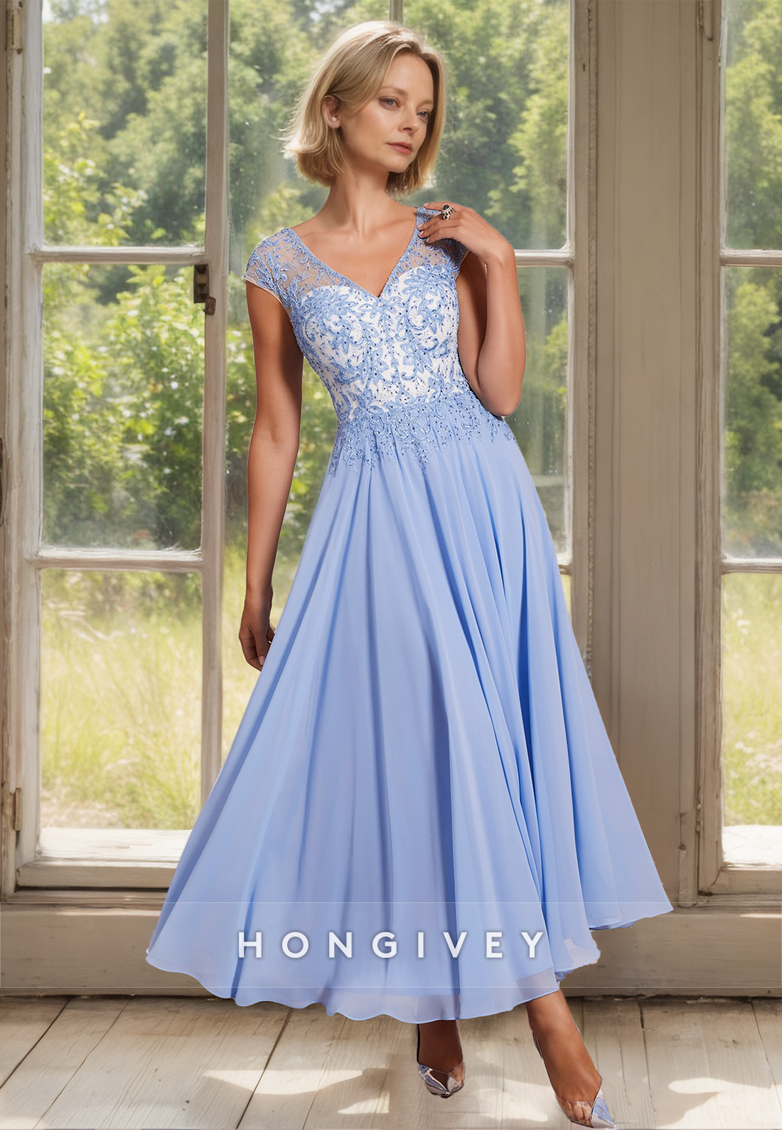 Solid Chiffon Mother of the Bride Dress V-Neck A-Line Wedding Plus Size Guest Gown