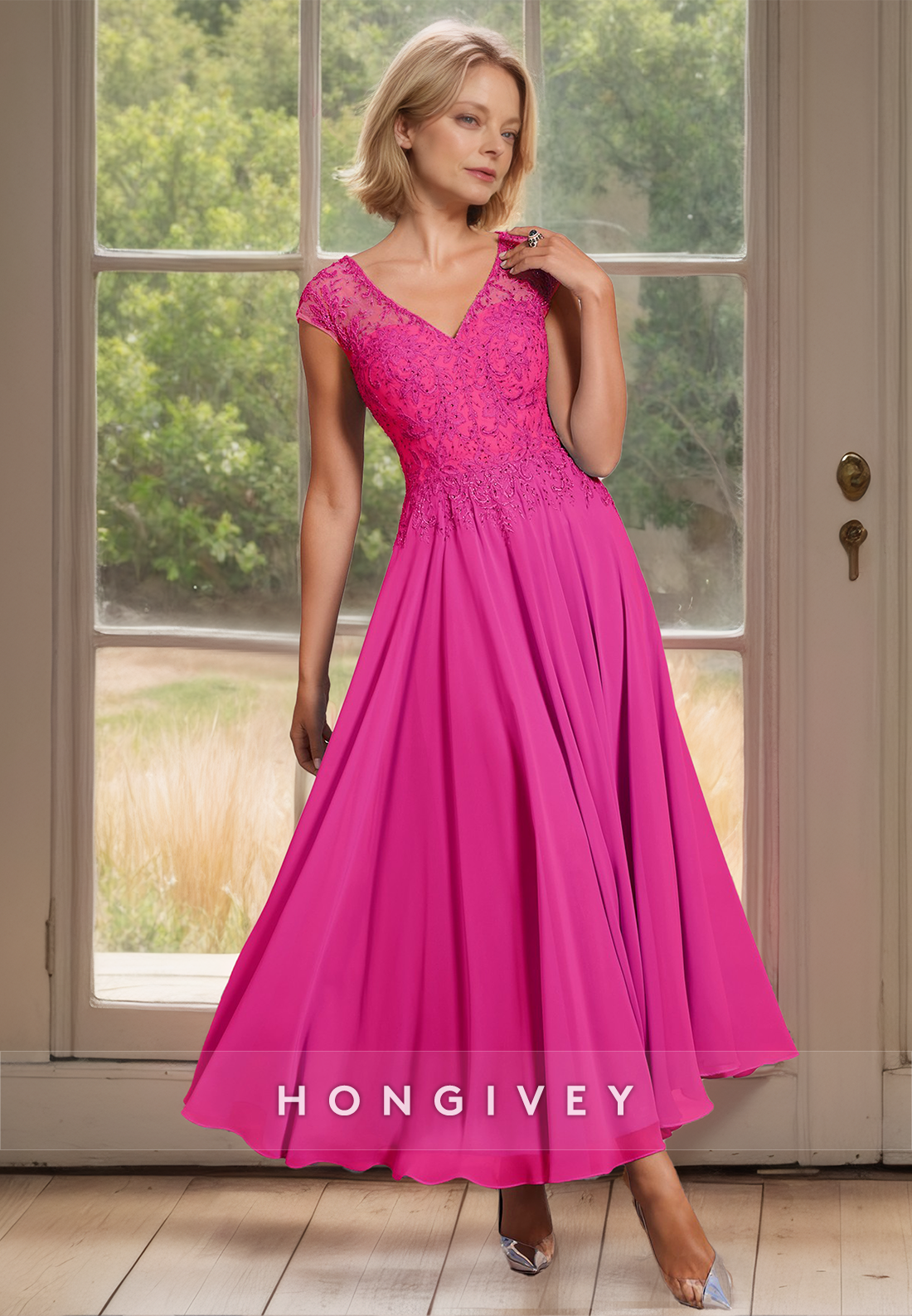 Solid Chiffon Mother of the Bride Dress V-Neck A-Line Wedding Plus Size Guest Gown