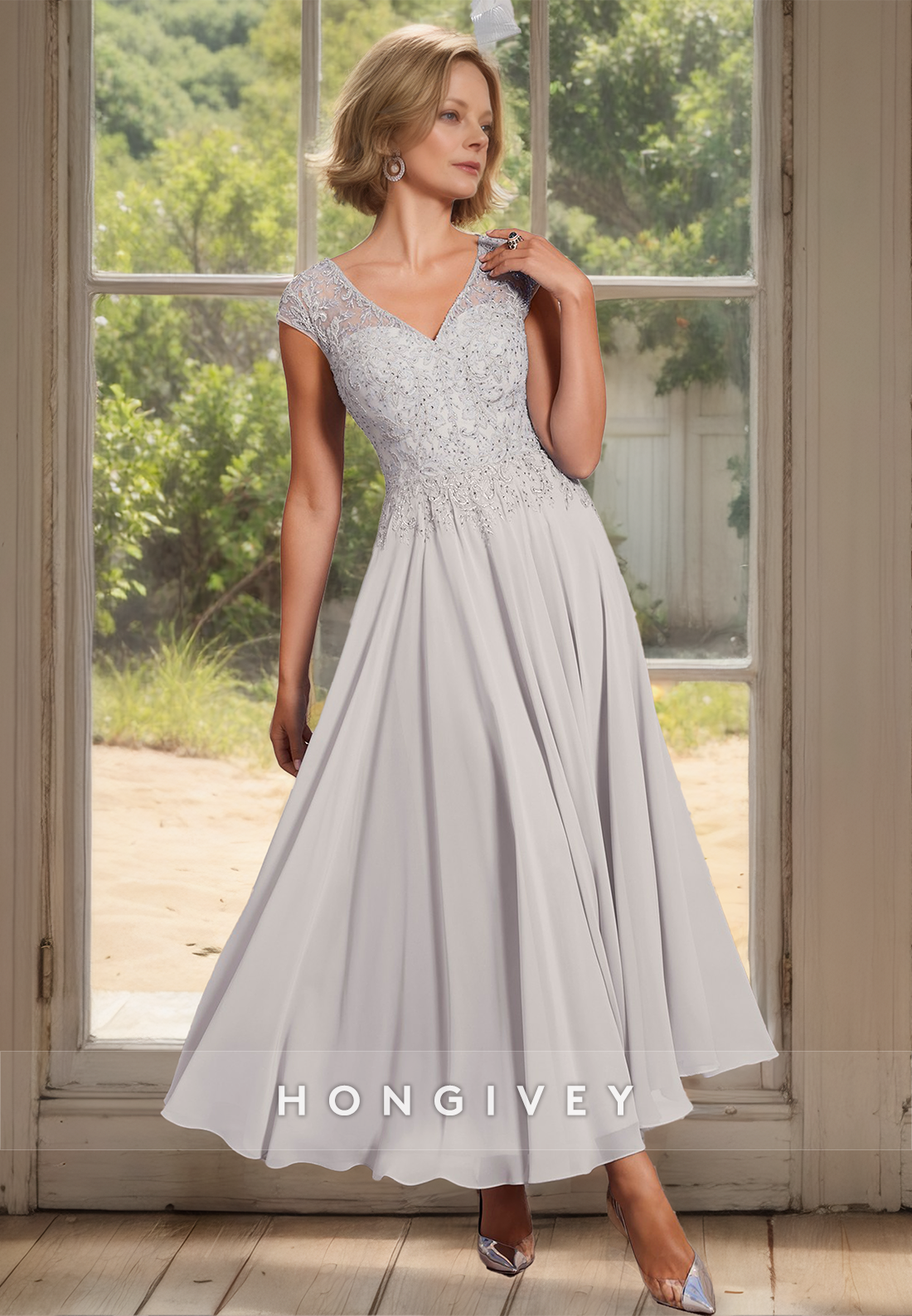 Solid Chiffon Mother of the Bride Dress V-Neck A-Line Wedding Plus Size Guest Gown