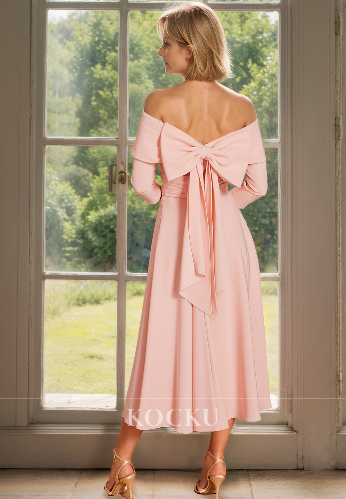 Tube Top Long Sleeves A-Line Pleated Satin Cocktail Dress with Bow Tie Mother of Groom