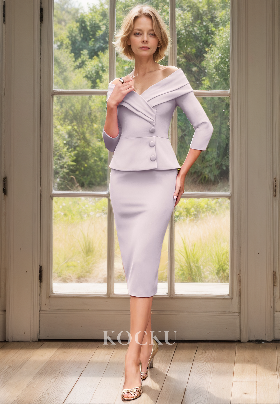 Long Sleeves Low V-Neck Sheath Knee-Length Ruched Satin Mother of Bride Dress Cocktail Dress