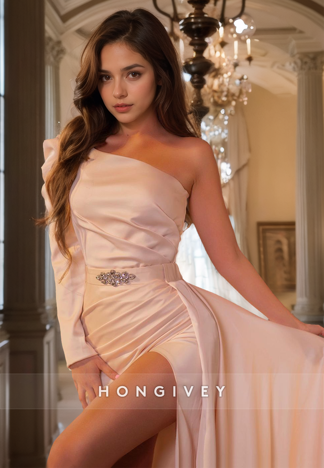 One Shoulder Long Sleeves Trumpet Formal Evening Dress Party Prom Gown