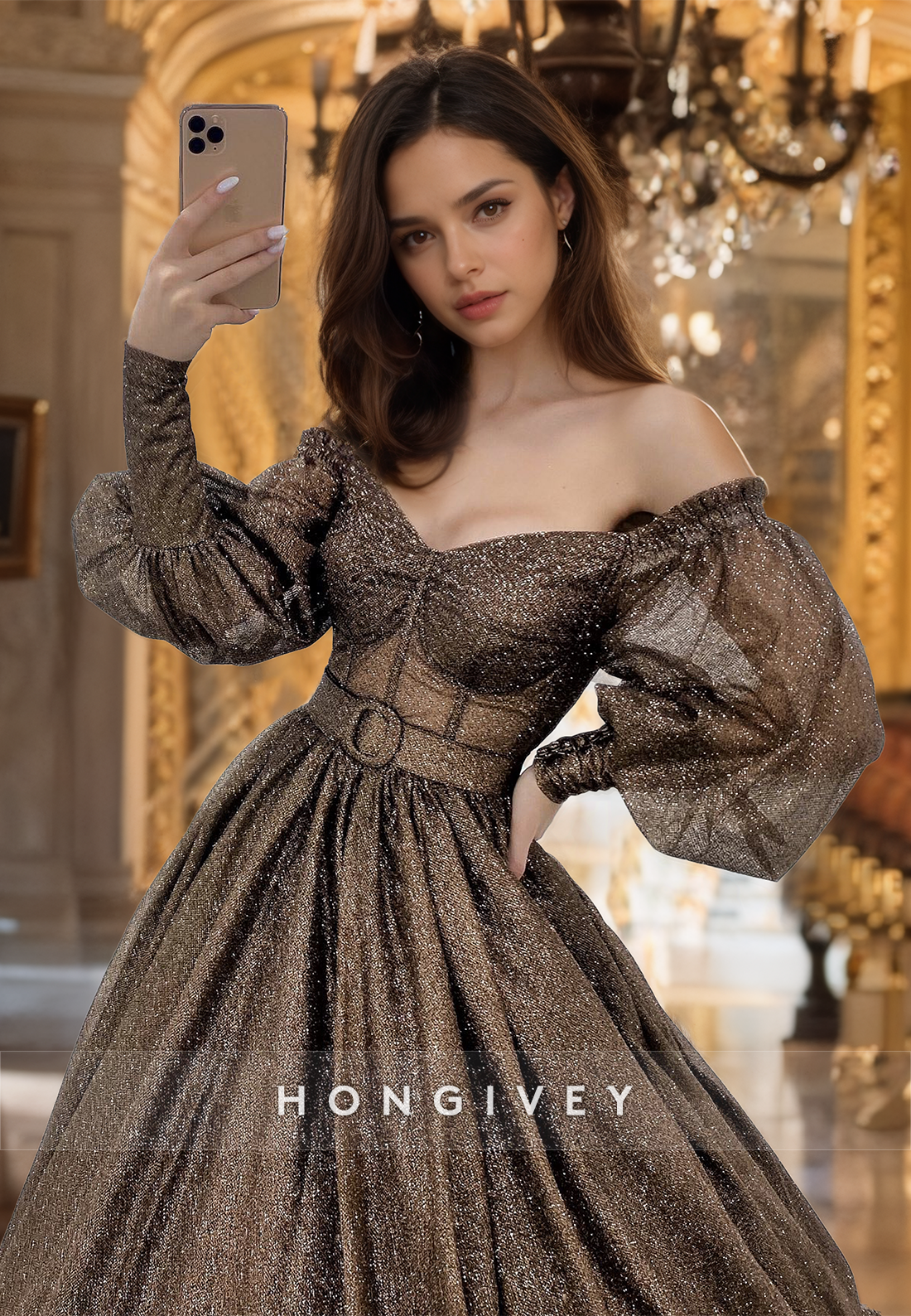Elegant Prom Gown Glitter Long Sleeves A-Line Sweetheart Evening Dress New