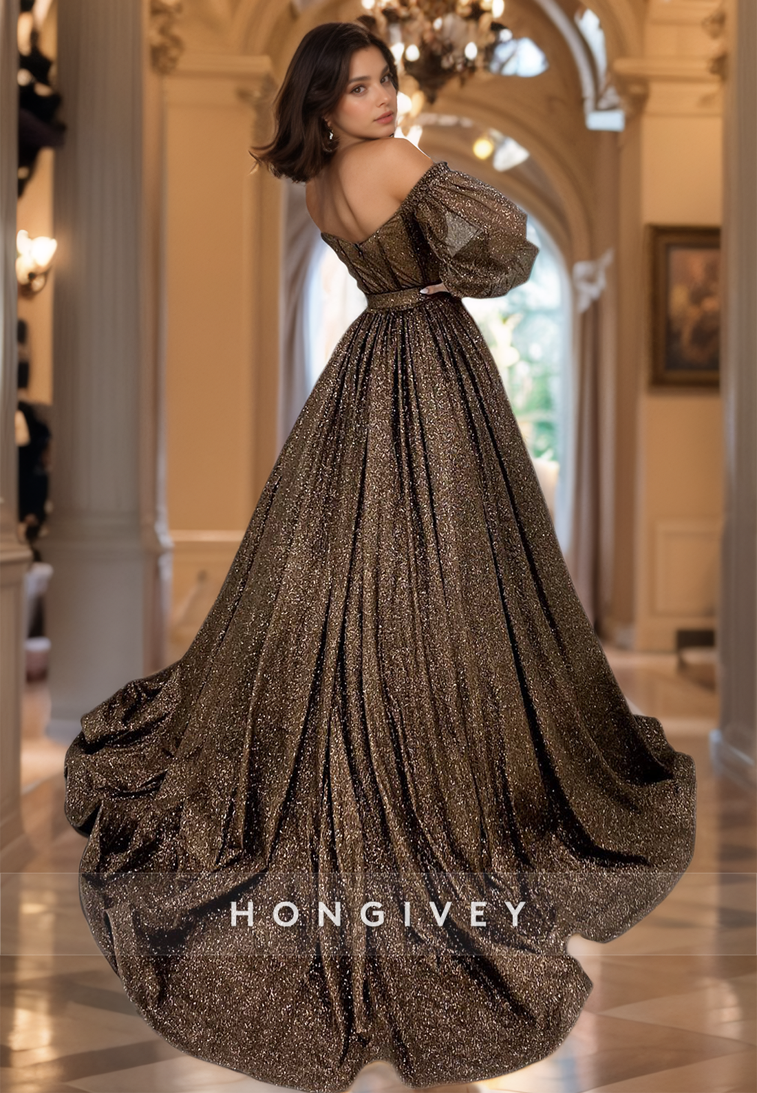 Elegant Prom Gown Glitter Long Sleeves A-Line Sweetheart Evening Dress New