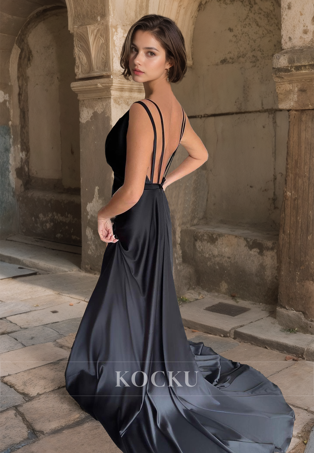 V-Neck Sheath Straps Sleeveless Sweep Train Pleated Satin Prom Dress Formal Gown with High Slit