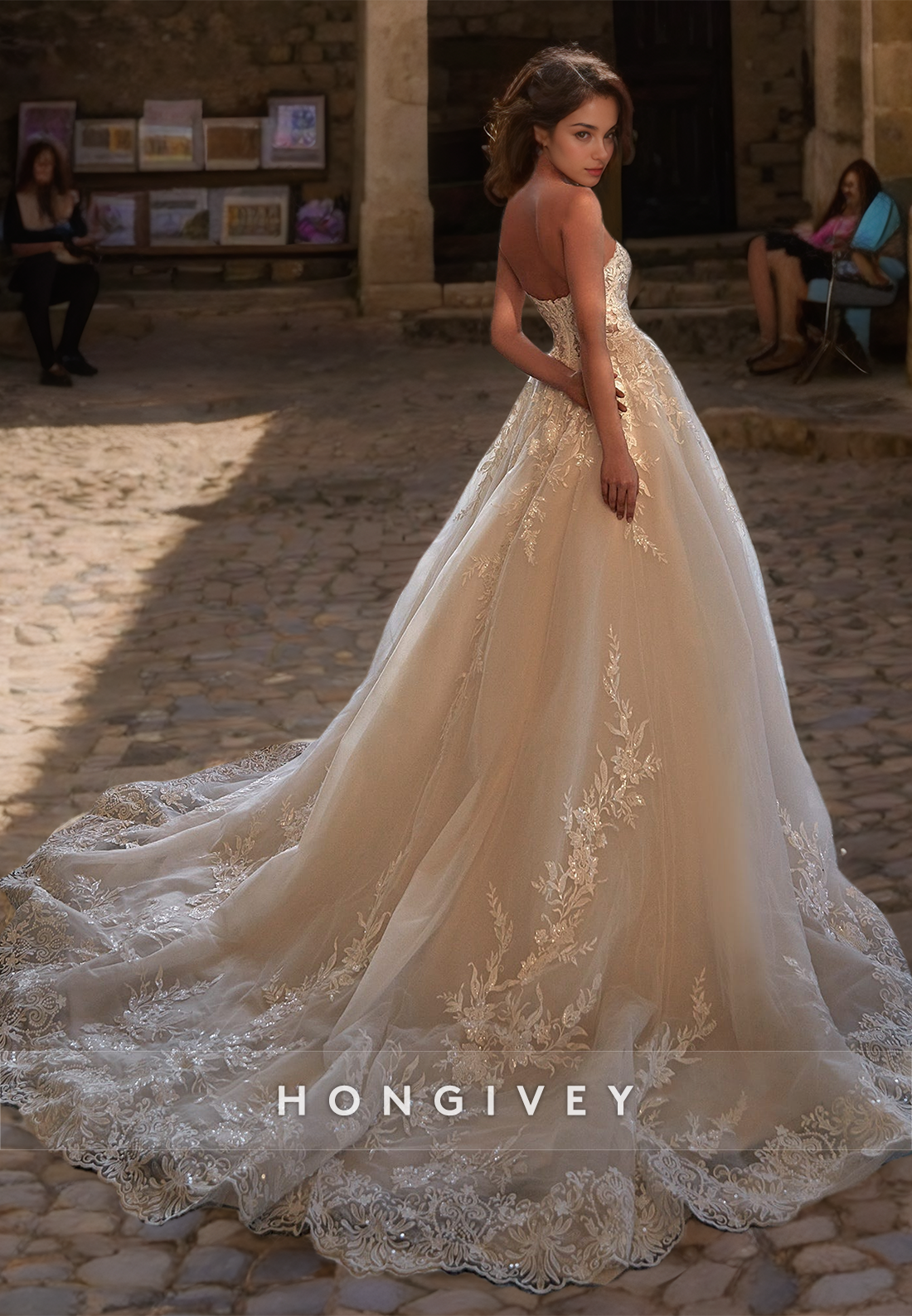 HONGIVEY New Lace Wedding Dresses with Train Sweetheart A-Line Organza Bridal Dress