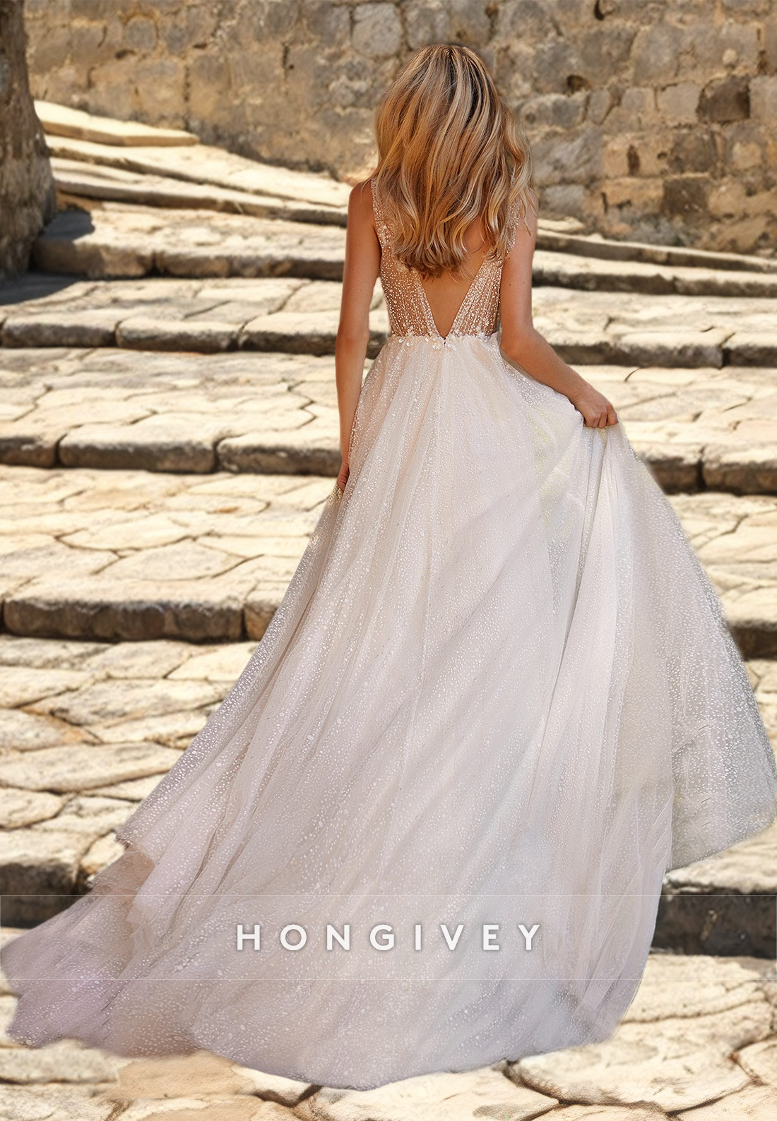 Glitter V-Neck Straps Wedding Dresseswith Train Slit Organza Bridal Dress