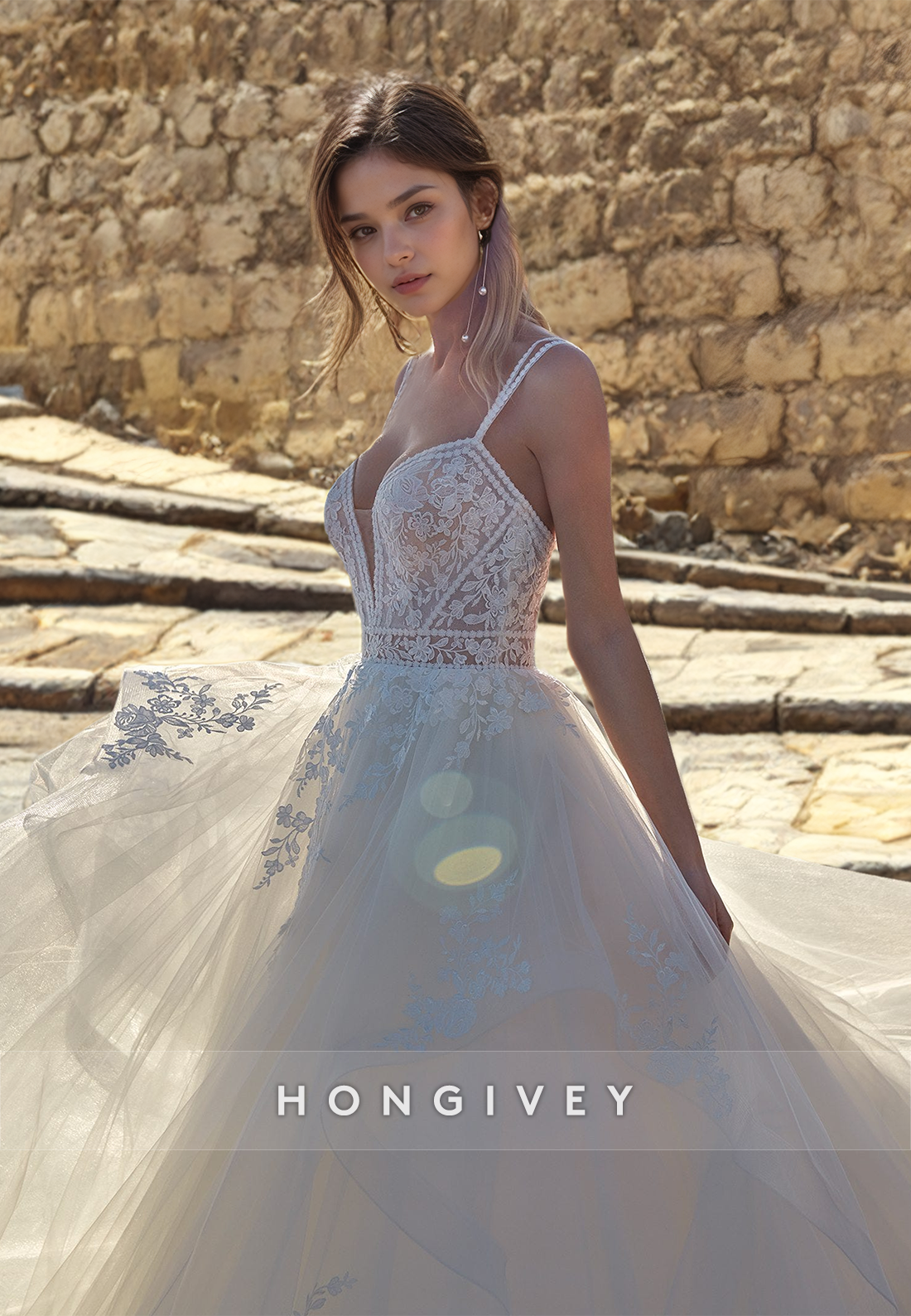 HONGIVEY Sweetheart Lace Wedding Dresses Straps Organza A-Line Bridal Dress New