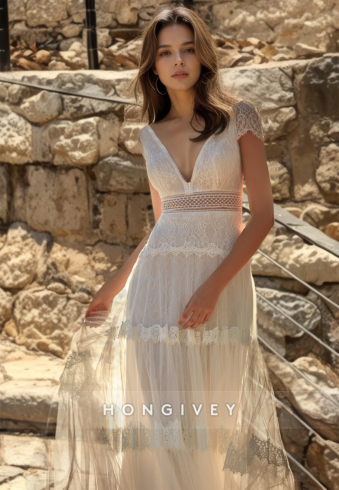Lace Wedding Dresses Beach Short Sleeves V-Neck Sheath Bridal Dress