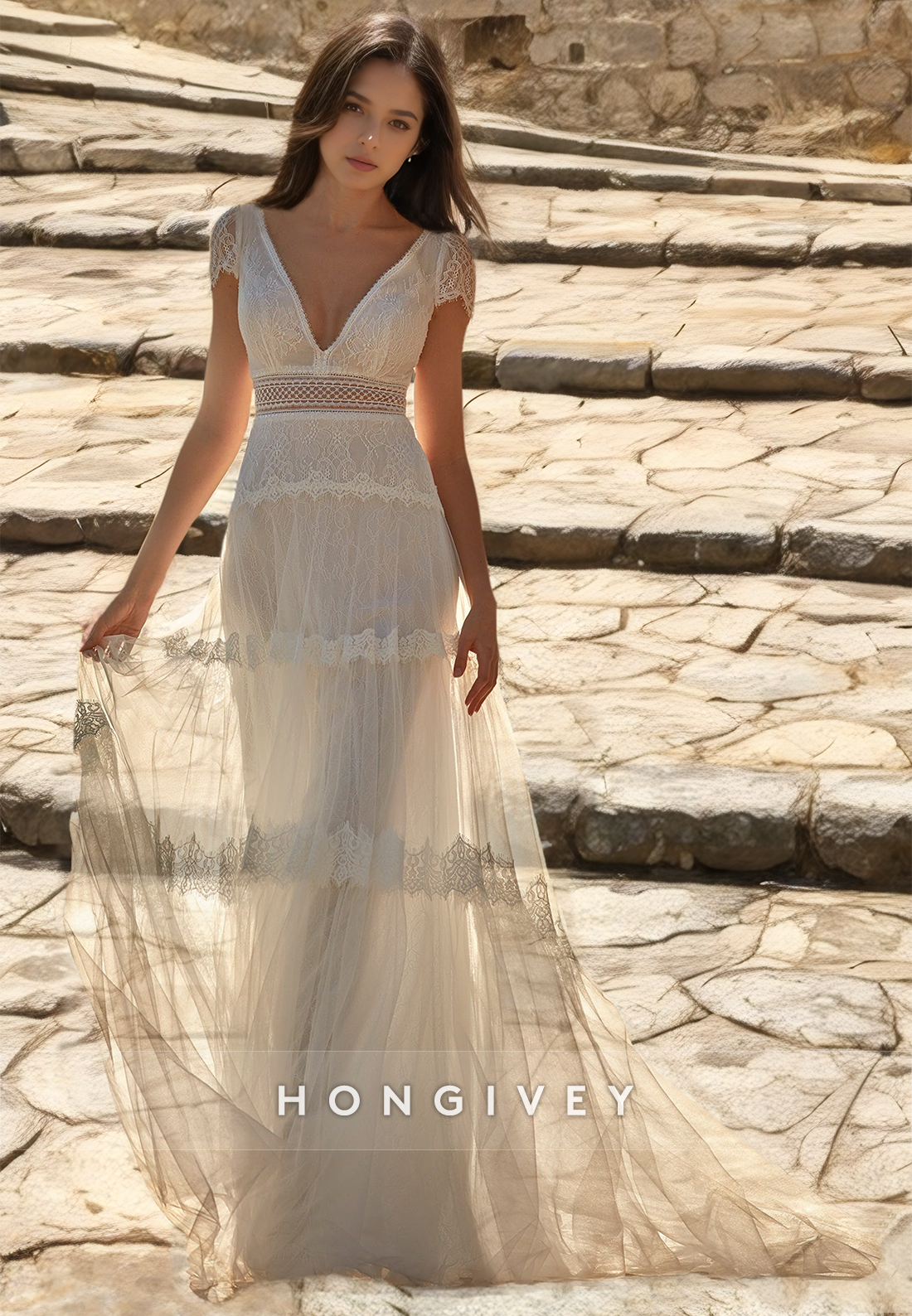 Lace Wedding Dresses Beach Short Sleeves V-Neck Sheath Bridal Dress