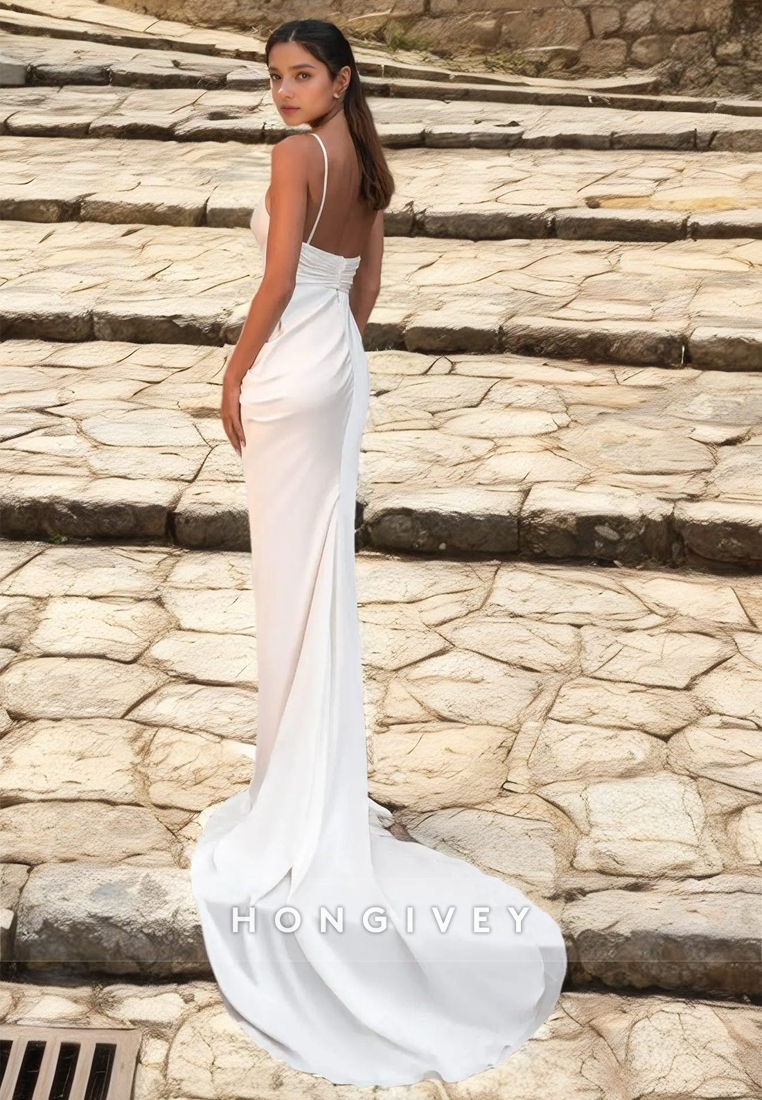 HONGIVEY New Beach Mermaid Wedding Dresses Tassels Sweetheart Slit Satin Bridal Dress
