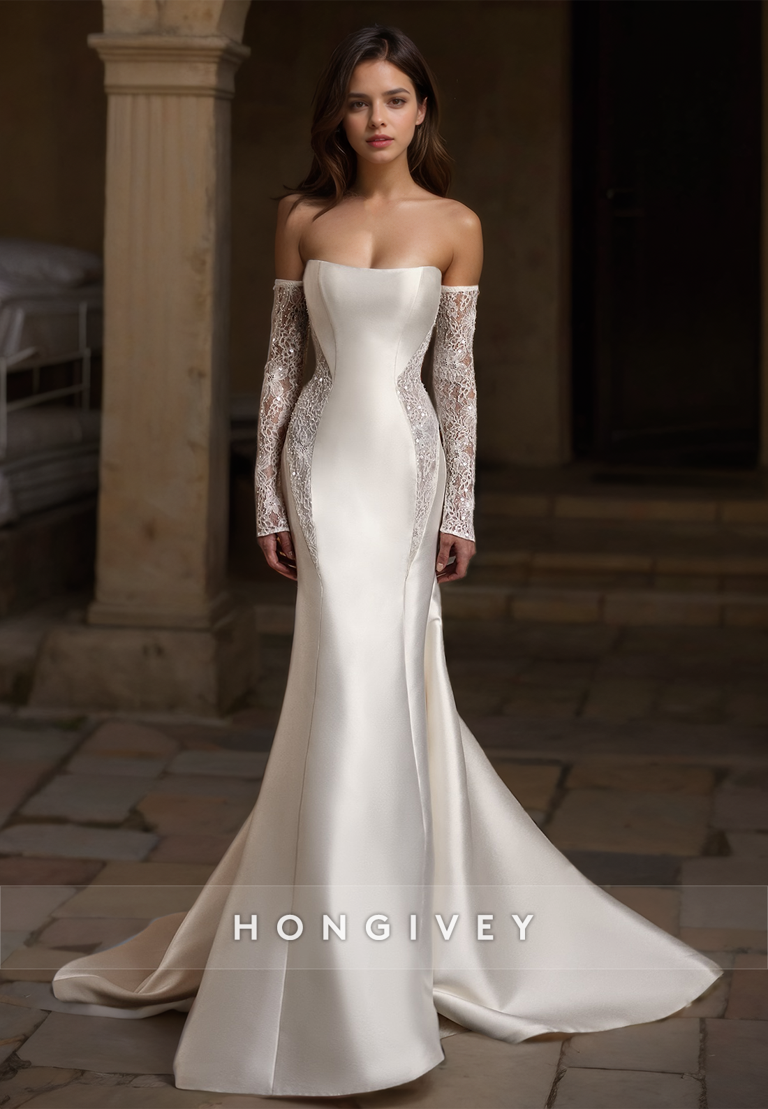Sparkle Mermaid Wedding Dresses with Train Lace Long Sleeves 2024 New
