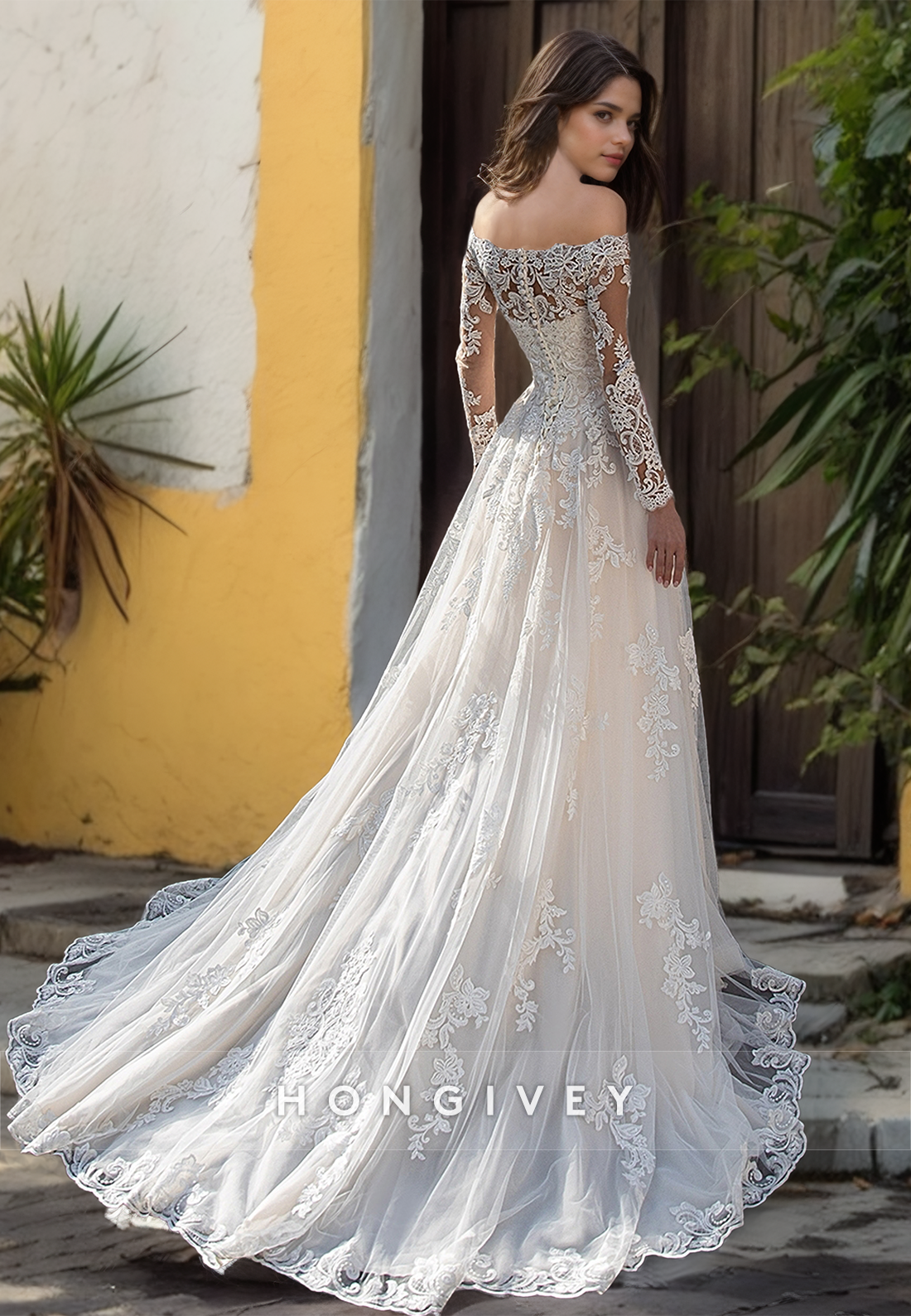 HONGIVEY Lace Applique Wedding Dresses Bateau Long Sleeves A-Line Long Bridal Dresses