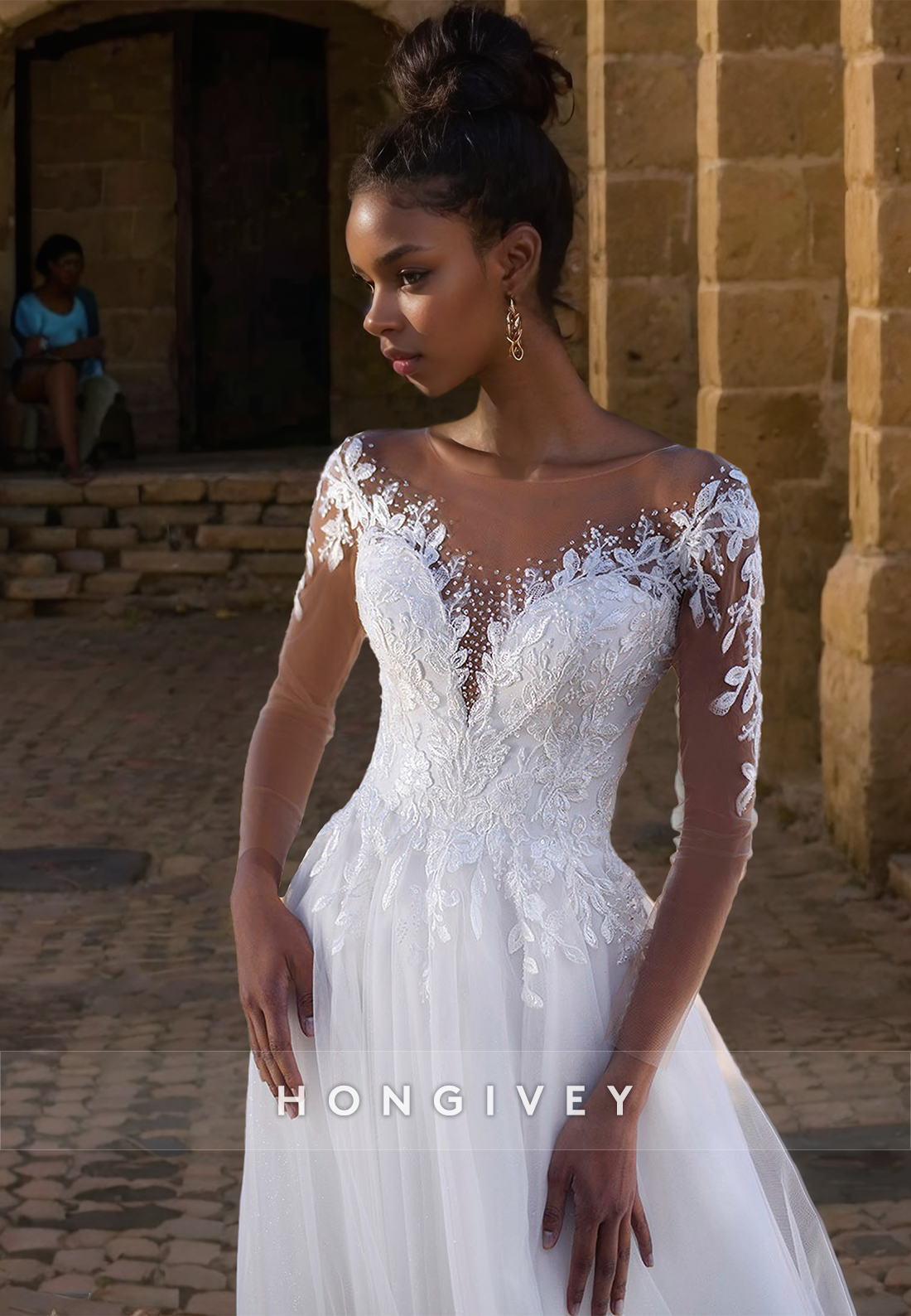 HONGIVEY 2024 Wedding Dress Beads Long Sleeves Sweetheart Organza Bridal Dresses