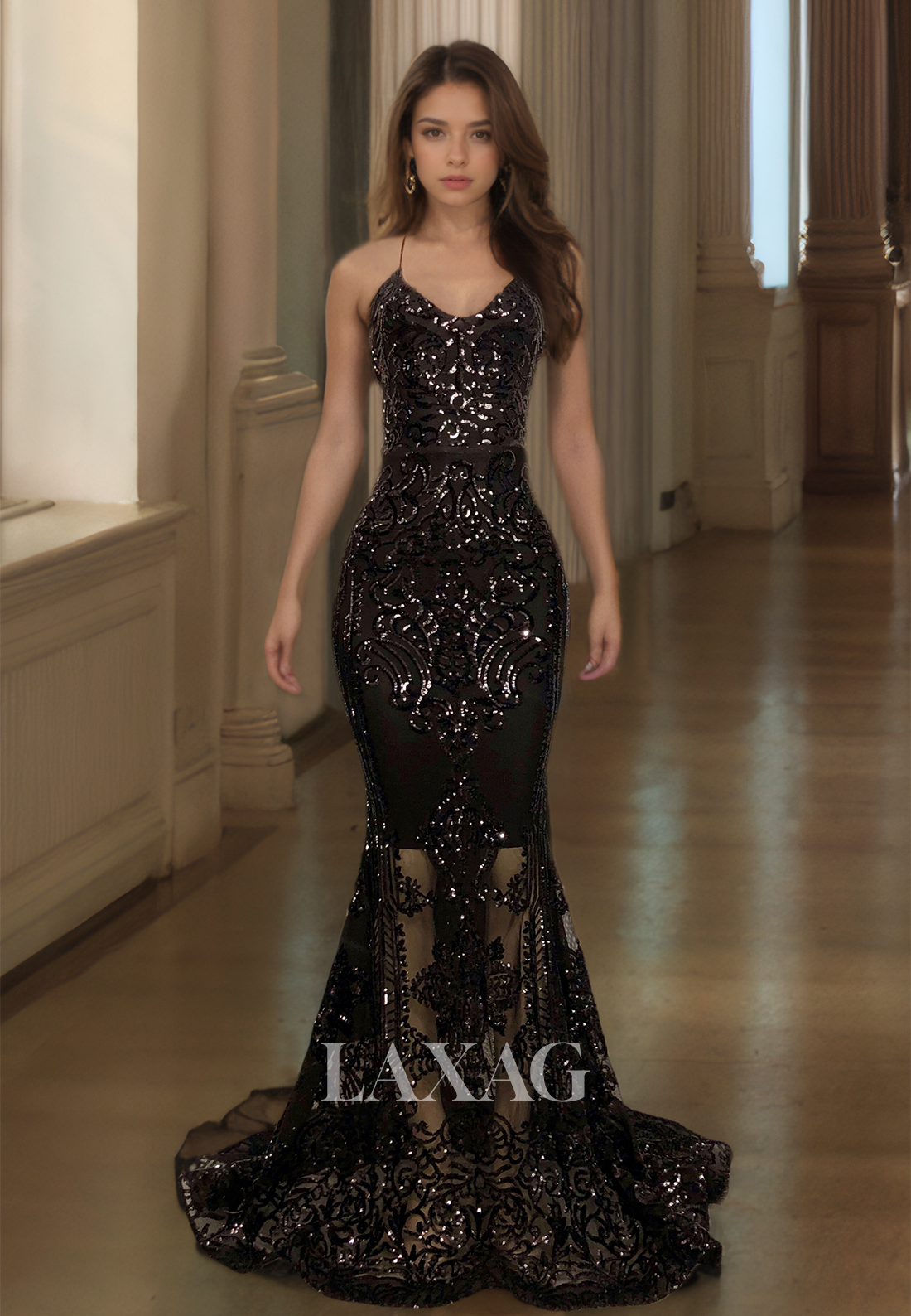 Off-Sholder V-Neck Sequined Lace Evening Gowns Spaghetti Straps Sheer Mermaid Prom Dress