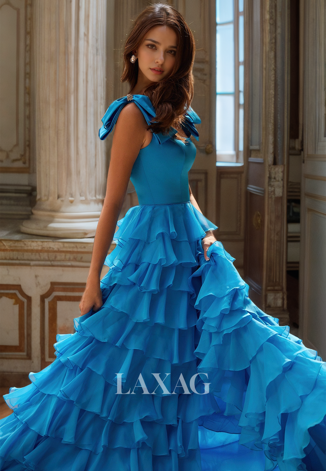 Square-Neck Bows-Straps Sleeveless A-Line Prom Dress Off-Shoulder Chiffon Tiered Formal Gowns