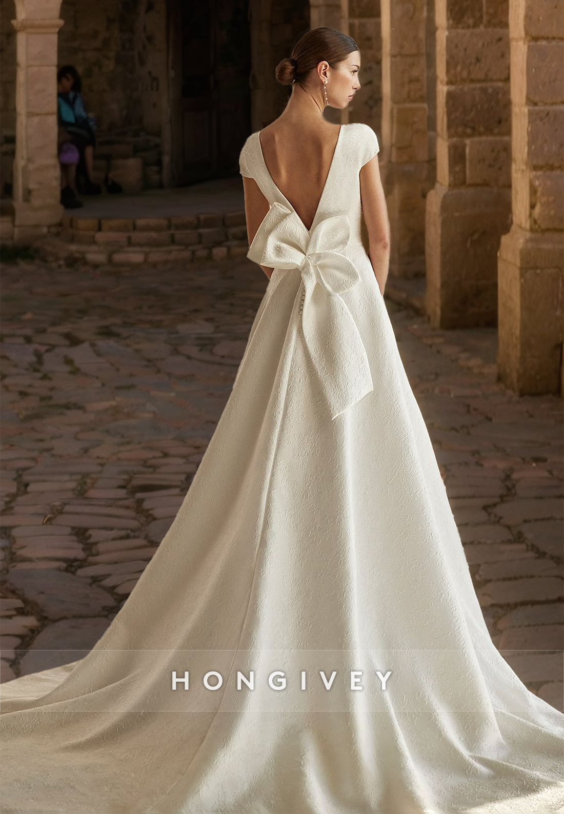 Short Sleeves Satin Wedding Dress with Train Bow A-Line Bride Gown
