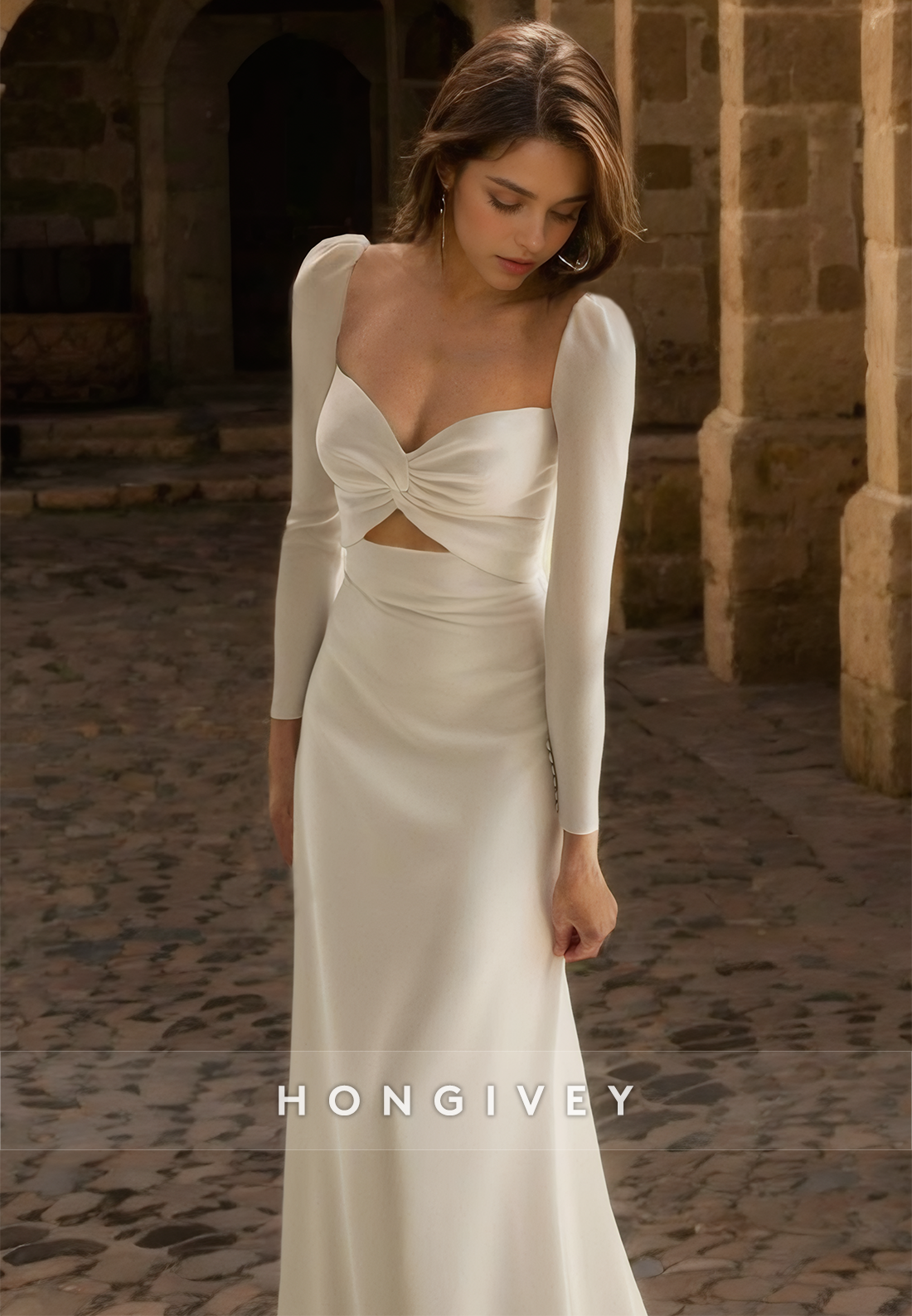 Long Sleeves Satin Wedding Dress Classic Sweetheart Floor-Length Bride Gown