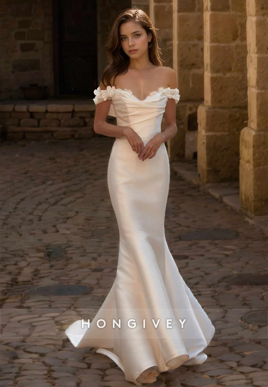 Off-Shoulder Wedding Dress with Train Elegant New Satin Mermaid Bride Gown