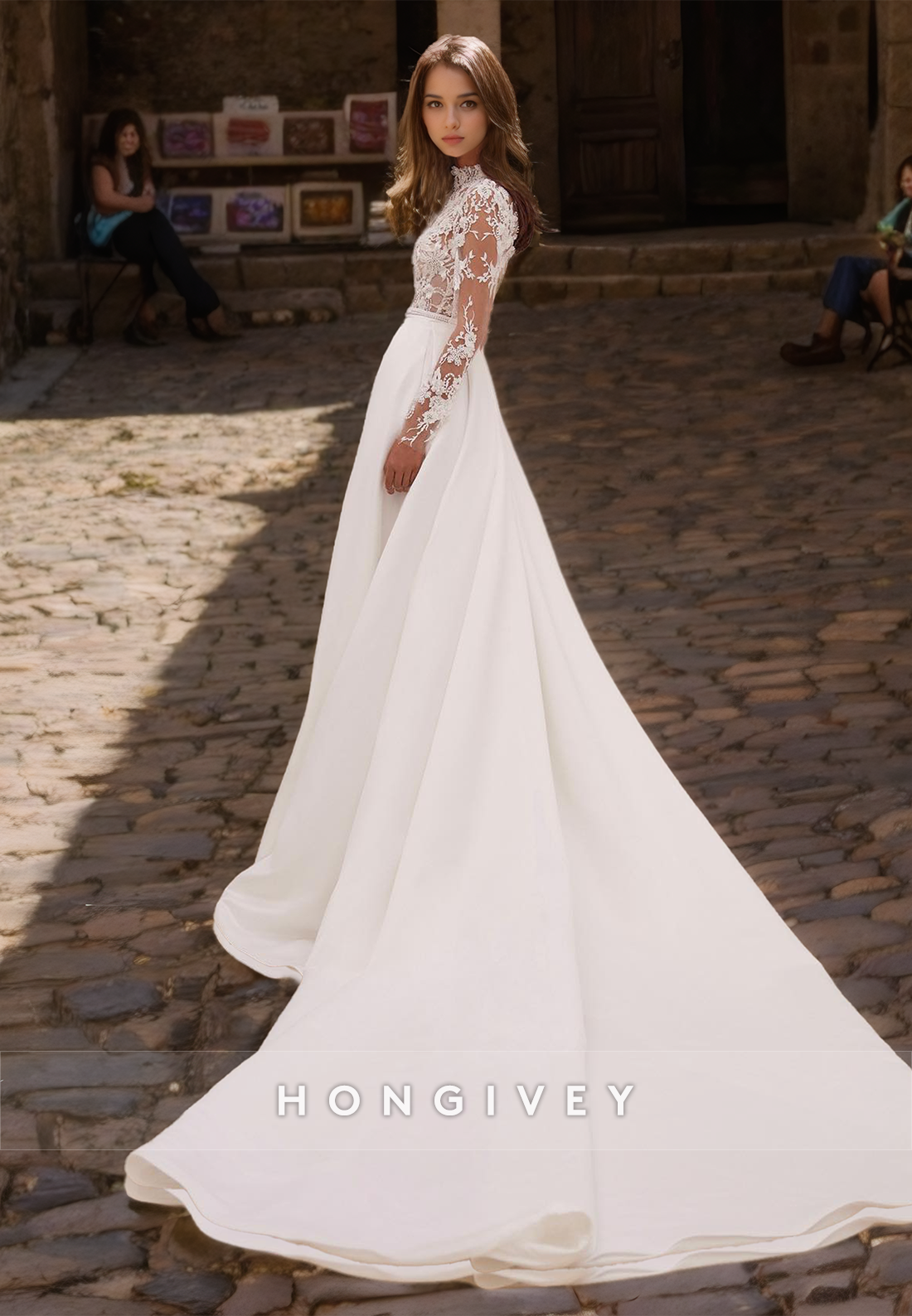Beaded Applique Wedding Dress High Neck Long Sleeves A-Line Beach Bride Gown