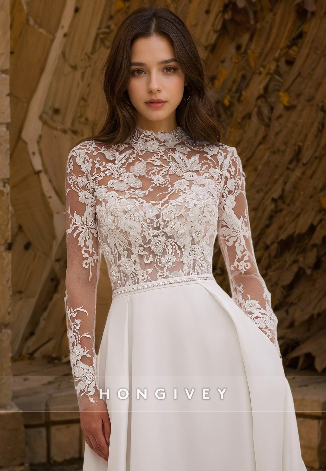 Beaded Applique Wedding Dress High Neck Long Sleeves A-Line Beach Bride Gown