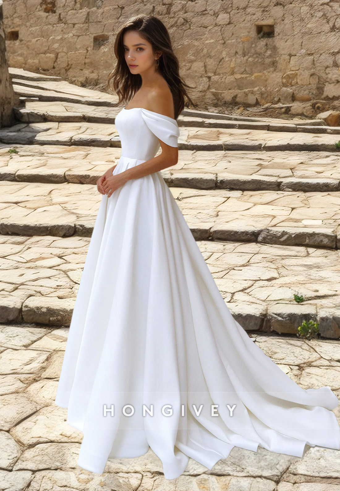 Off-Shoulder Strapless Sleeveless A-Line Floor-Length Wedding Dress with Train