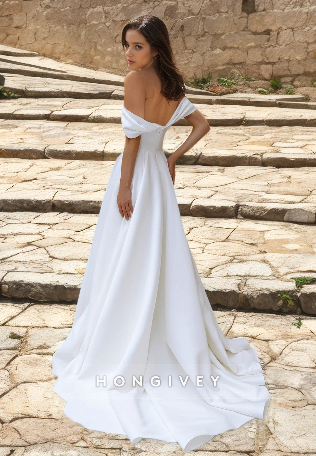 Off-Shoulder Strapless Sleeveless A-Line Floor-Length Wedding Dress with Train