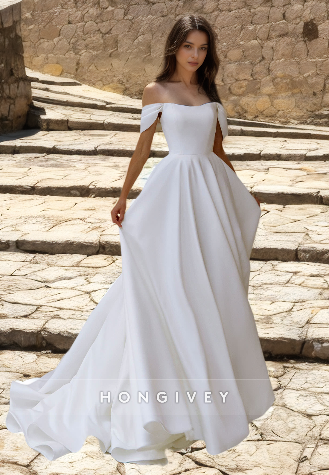 Off-Shoulder Strapless Sleeveless A-Line Floor-Length Wedding Dress with Train