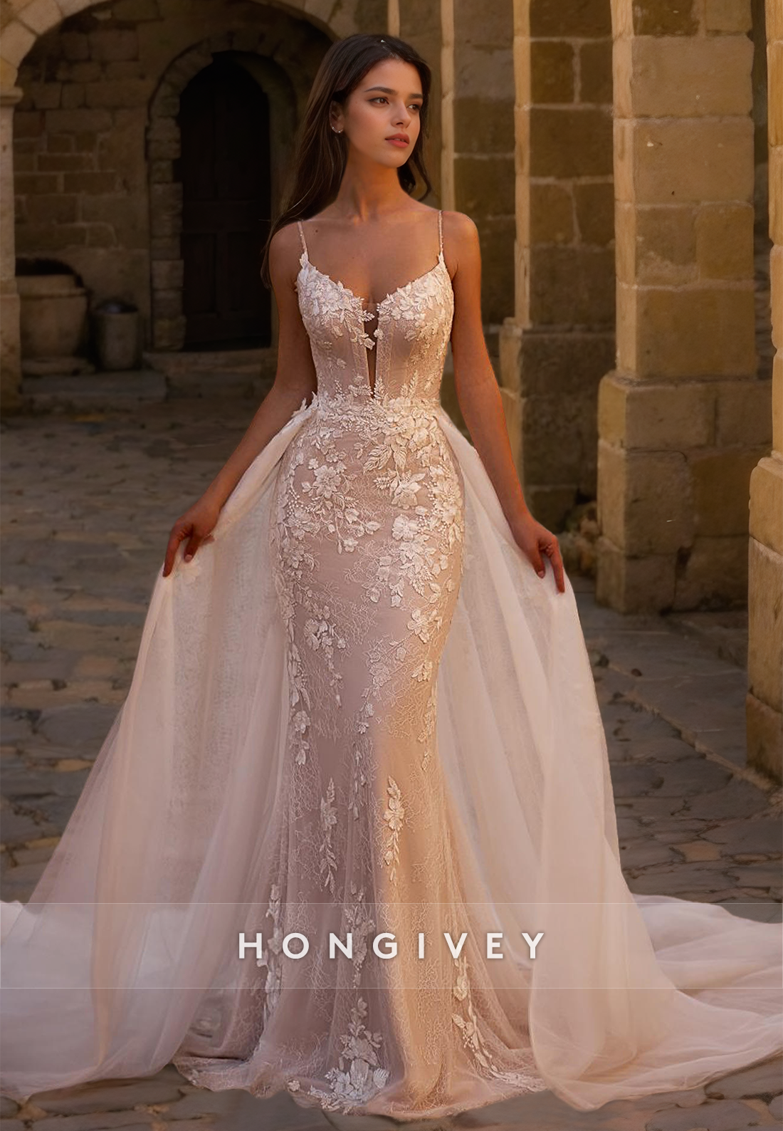 Lace Applique Mermaid Wedding Dress with Train Straps Tulle Long Bride Gown