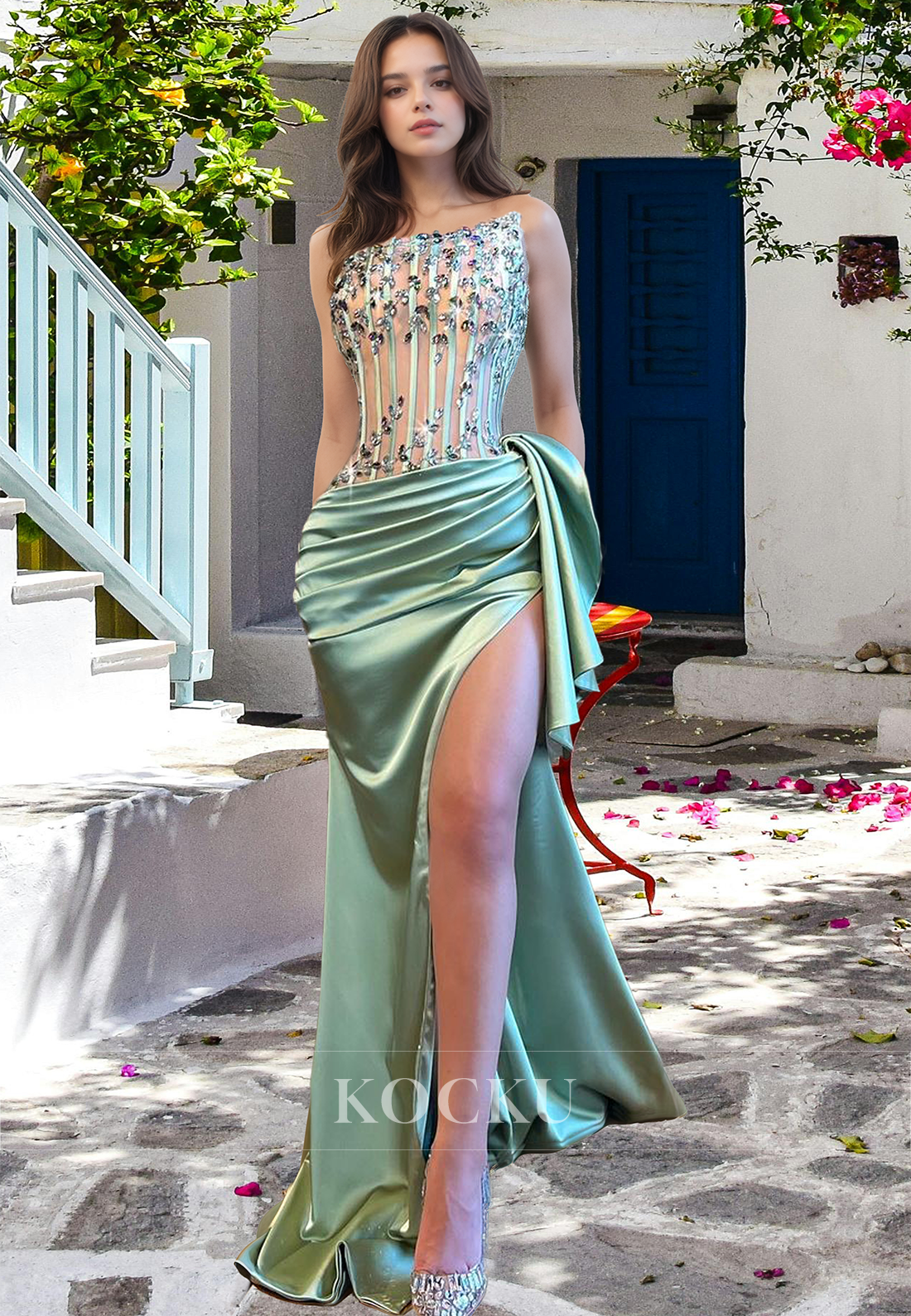 Glomaorous Tube Top Sleeveless Sheath Satin Pleats Formal Dress Beaded Party Dress with Side Slit