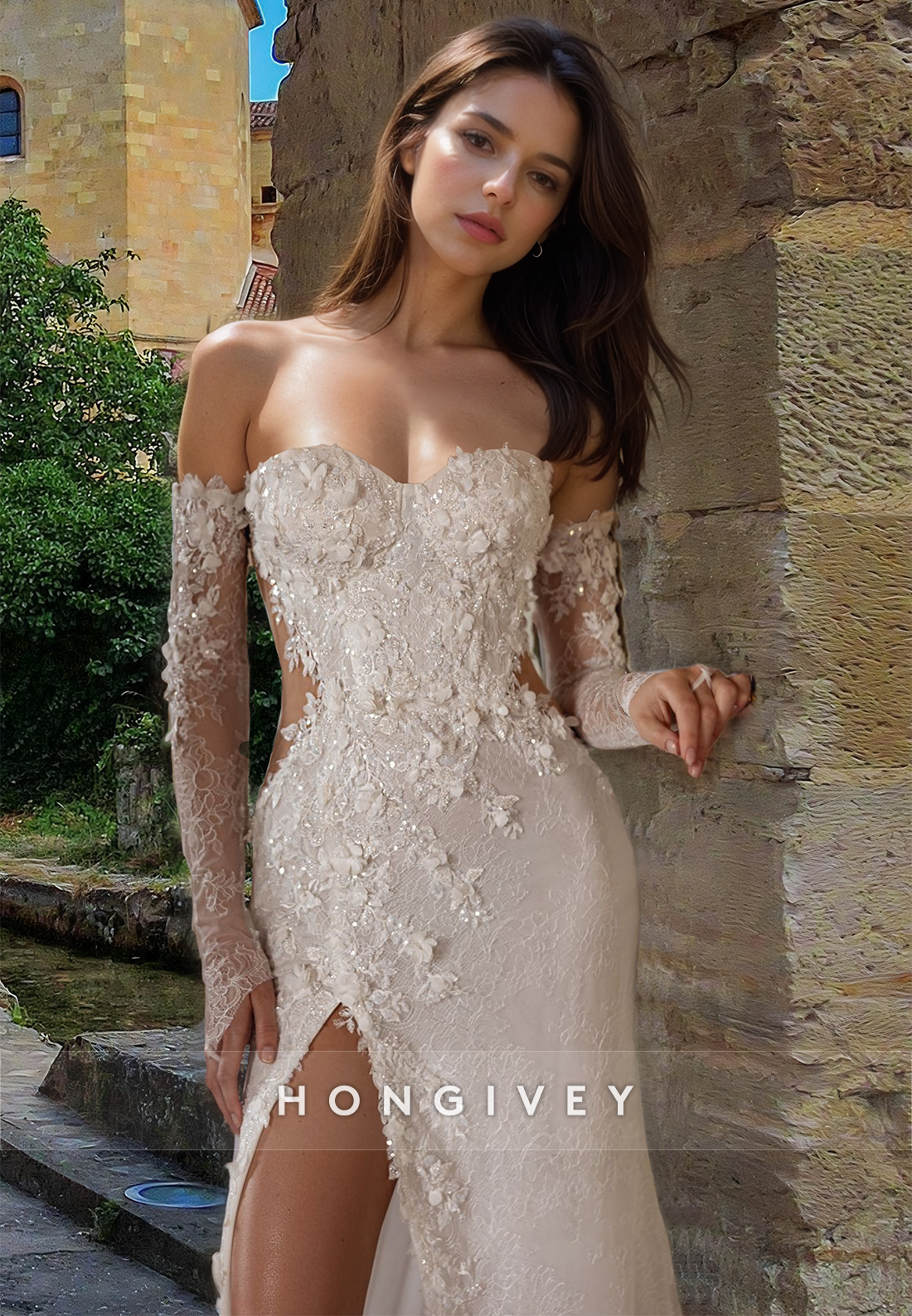 Sexy Strapless Fitted Empire with Slit Lace Applique Wedding Dress Bride Gown