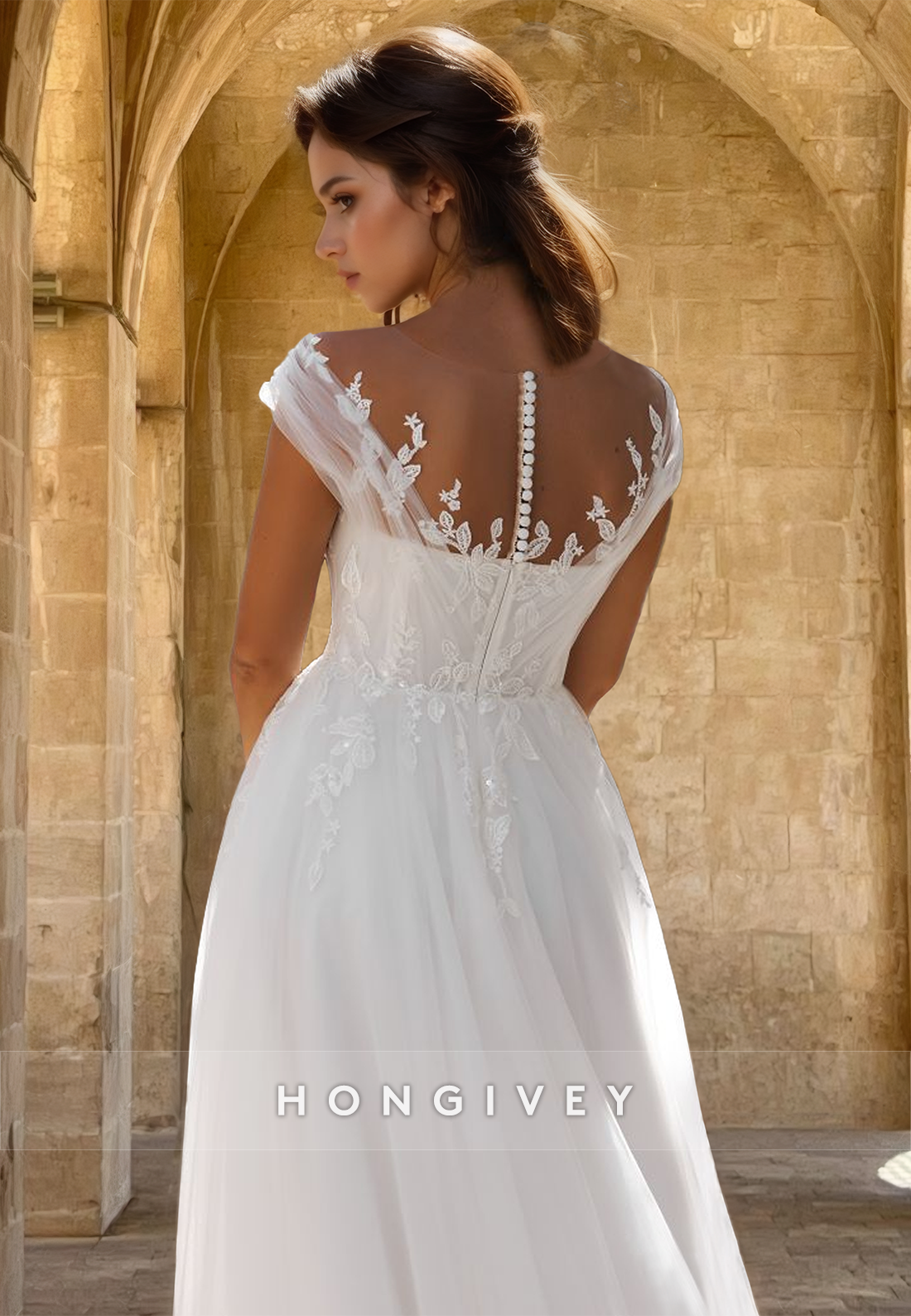 Spaghetti Straps Applique A-Line Tulle Engagement Wedding Dress 2025