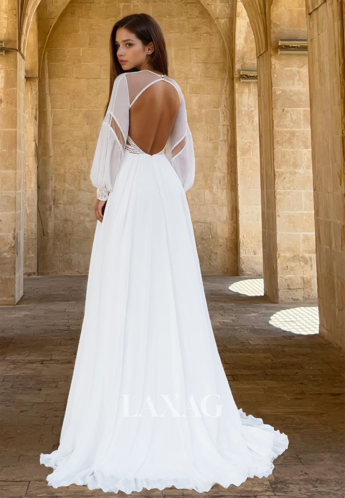 High Scoop-Neck Beaded Lace Applique Bride Gowns Long-Sleeves Chiffon A-Line Wedding Dress