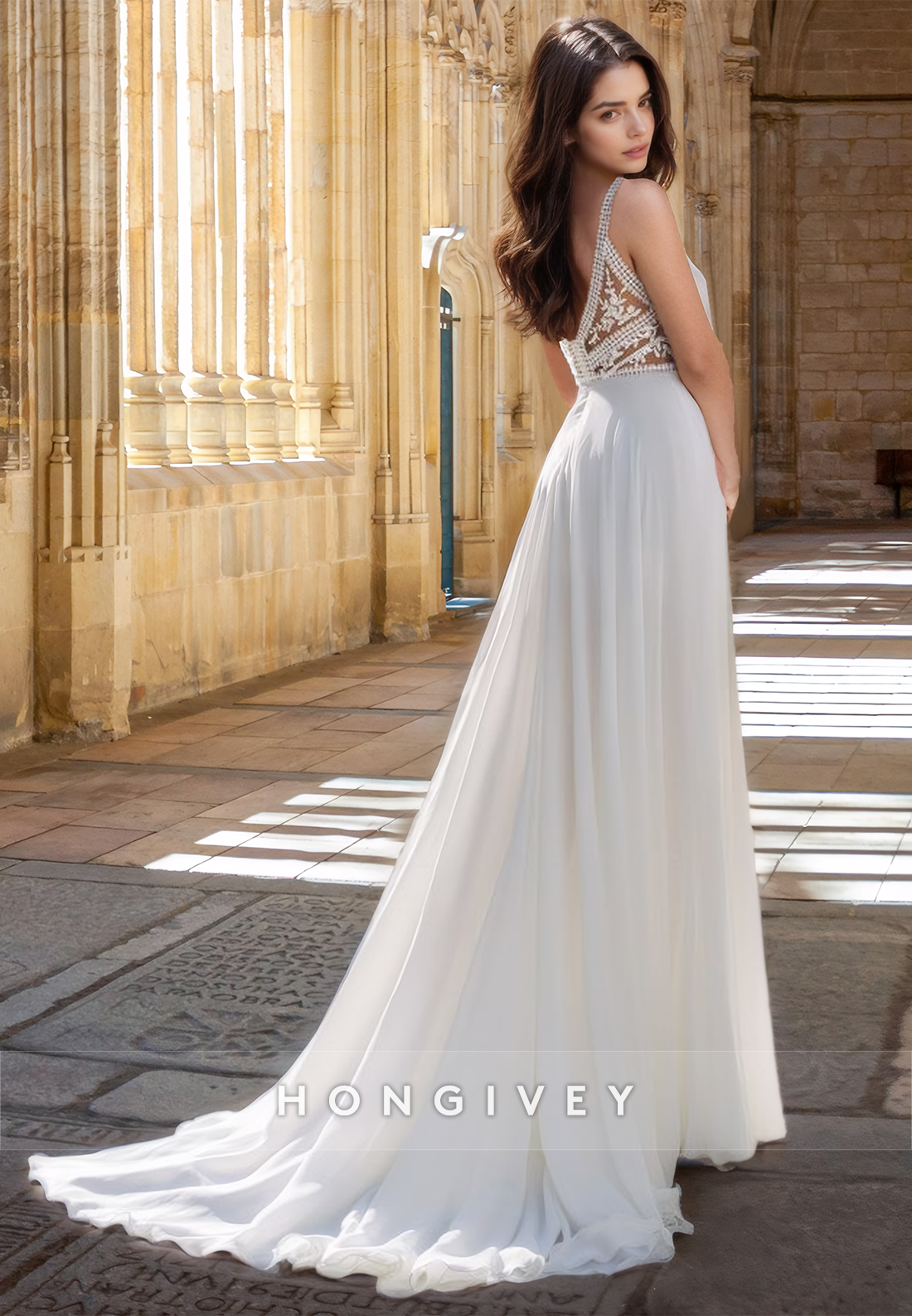 Sexy Straps V-Neck with Slit Tulle Engagement Beach Wedding Dress