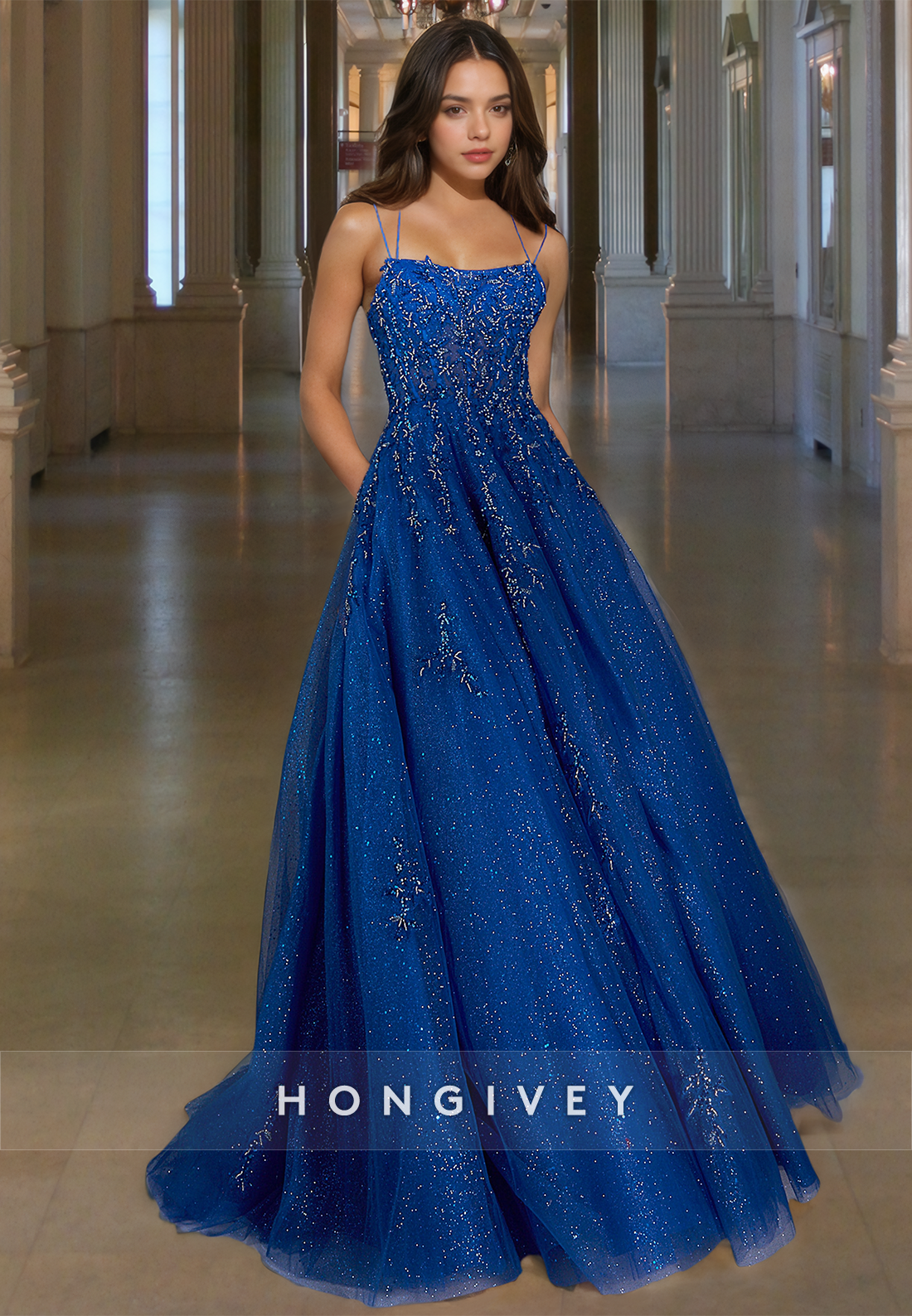 Floral Spaghetti Straps Long Evening Dress Stunning Tulle Ball Gown HONGIVEY
