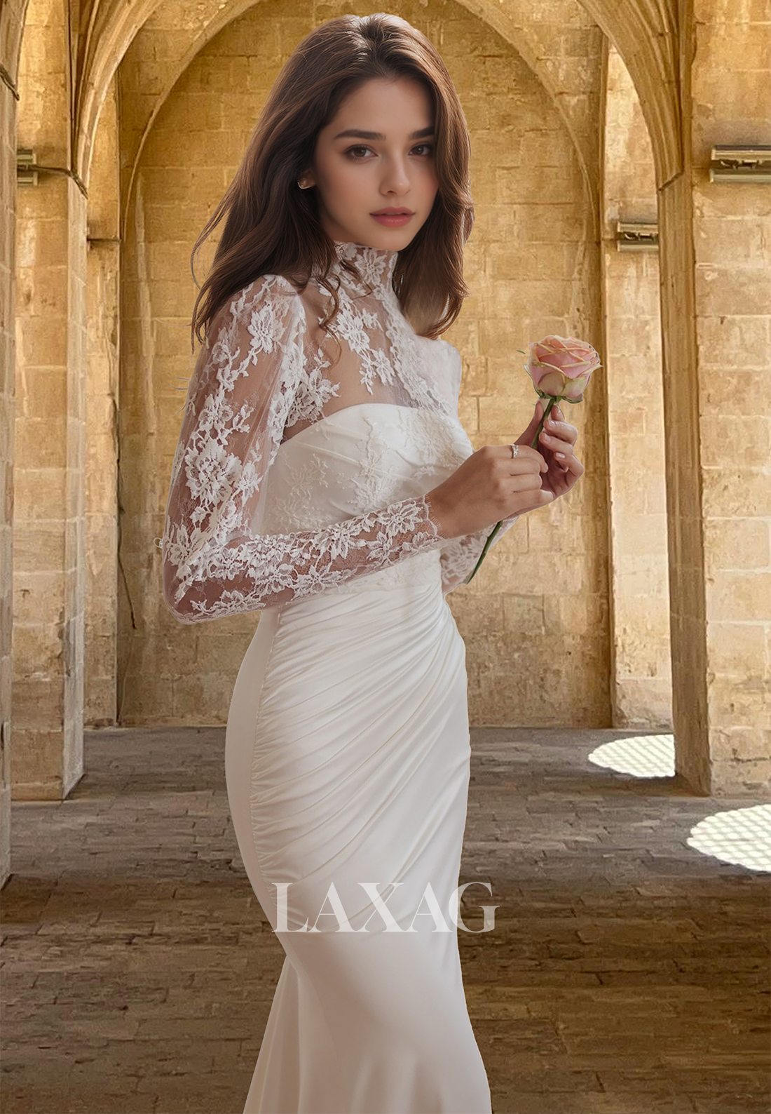 High-Neck Long-Sleeves Mermaid Prom Dress Lace Applique Pleated Sweep Train Satin Bride Gowns