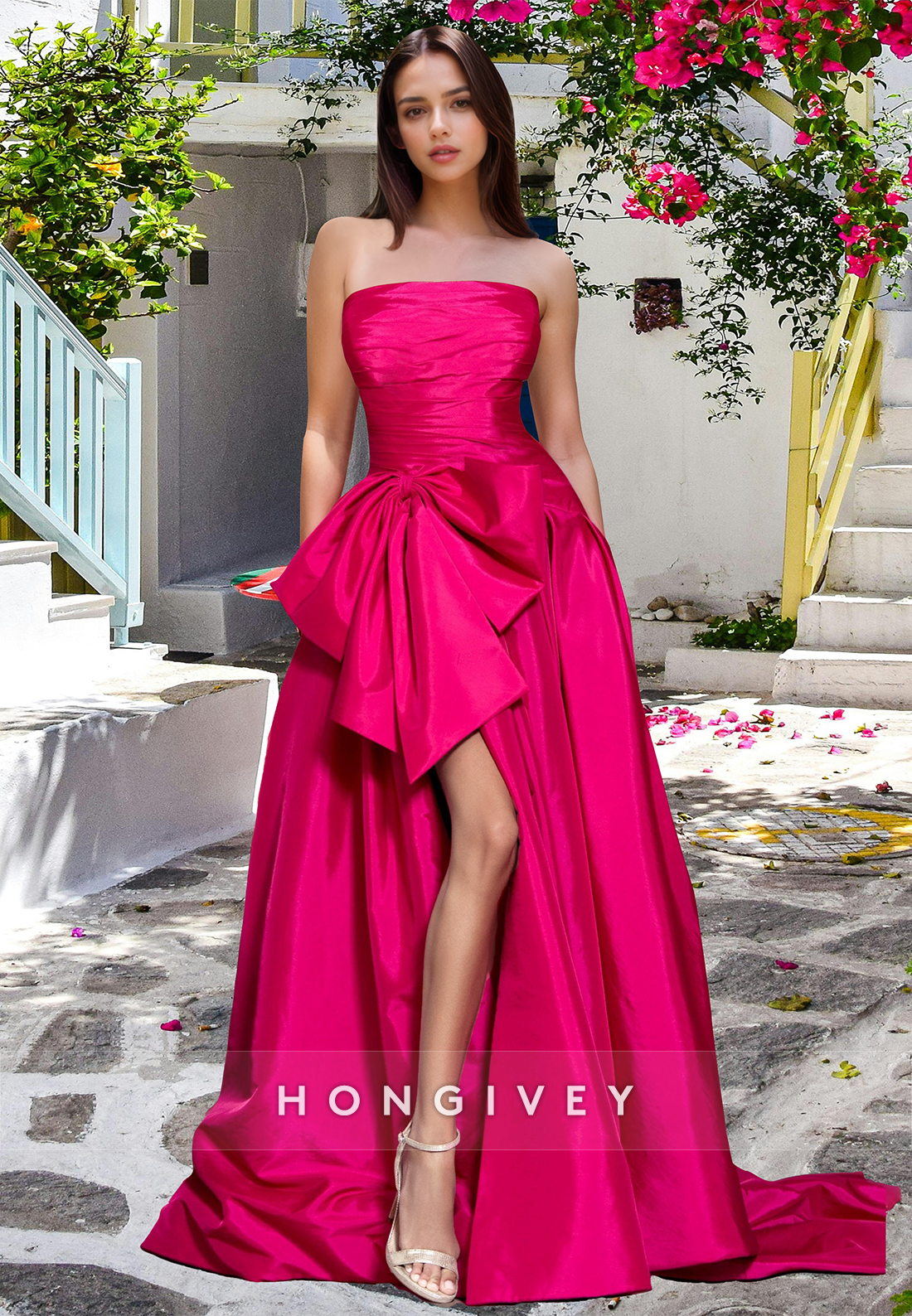 Formal Strapless with Bow A-Line with Slit Evening Dress Party Prom Gown