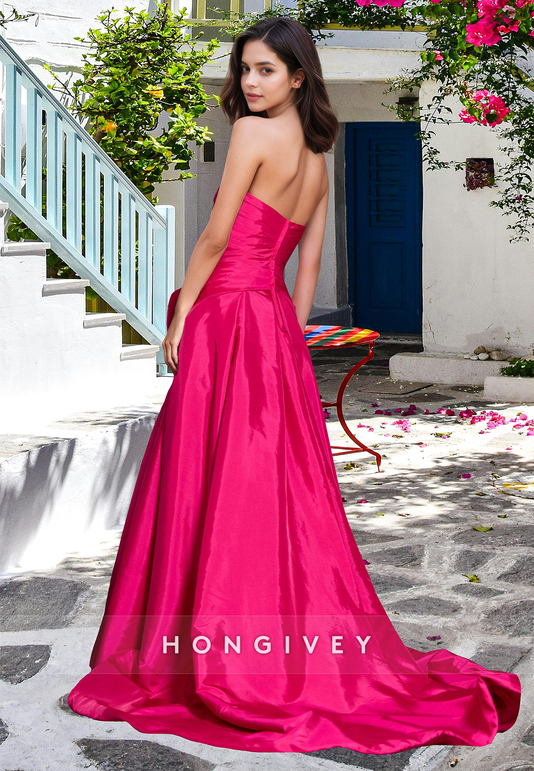 Formal Strapless with Bow A-Line with Slit Evening Dress Party Prom Gown