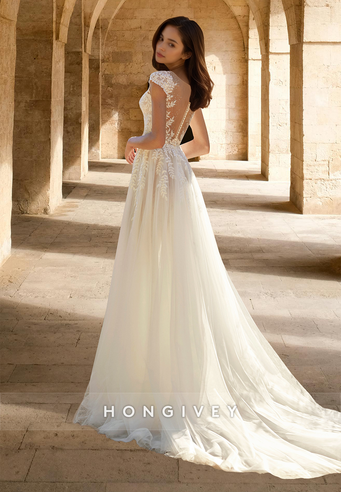 Short Sleeves Applique Beaded A-Line Tulle with Train Bridal Wedding Dress