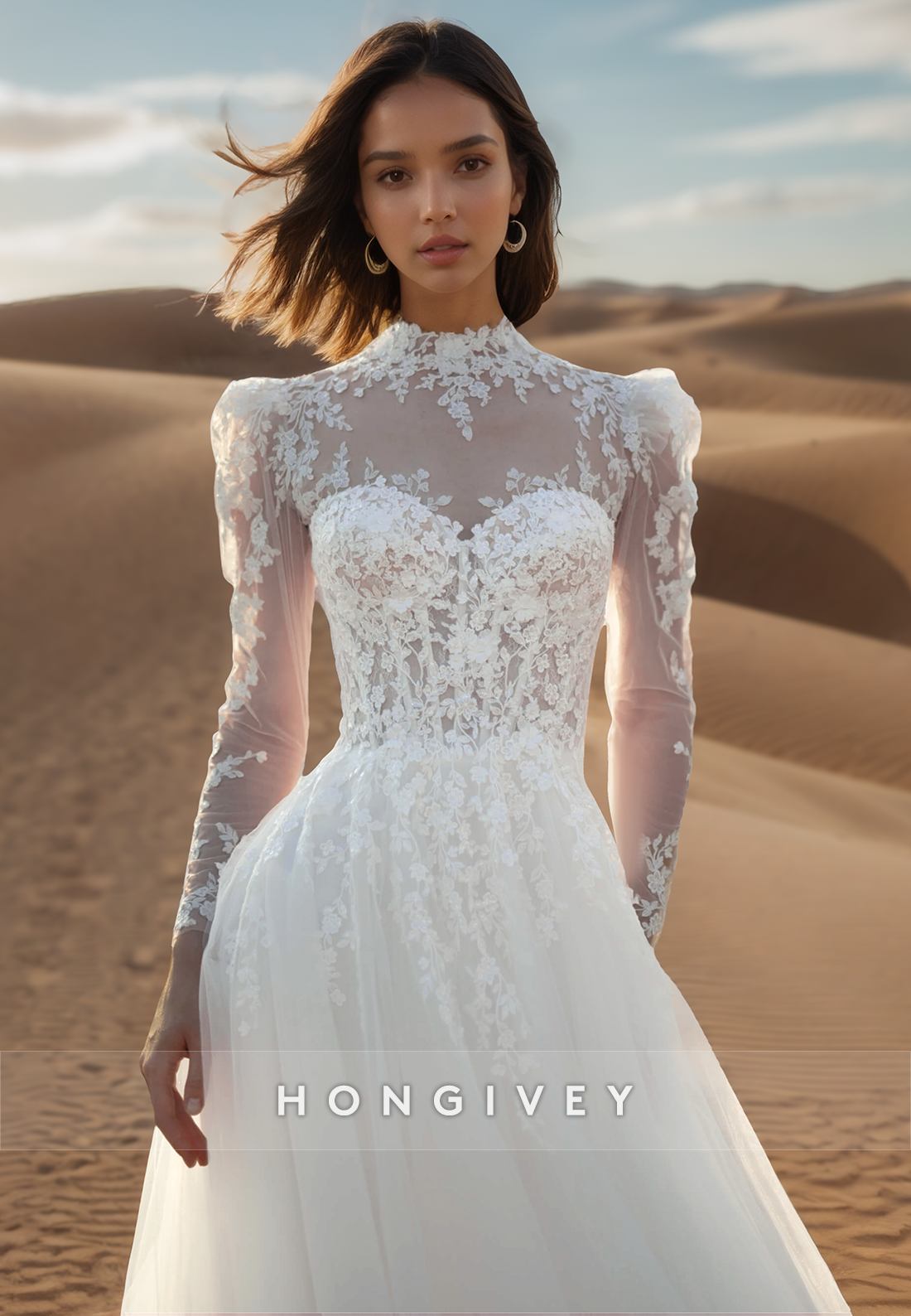 A-Line High Neck Sweetheart Lace Appliques Long Sleeves Wedding Dresses
