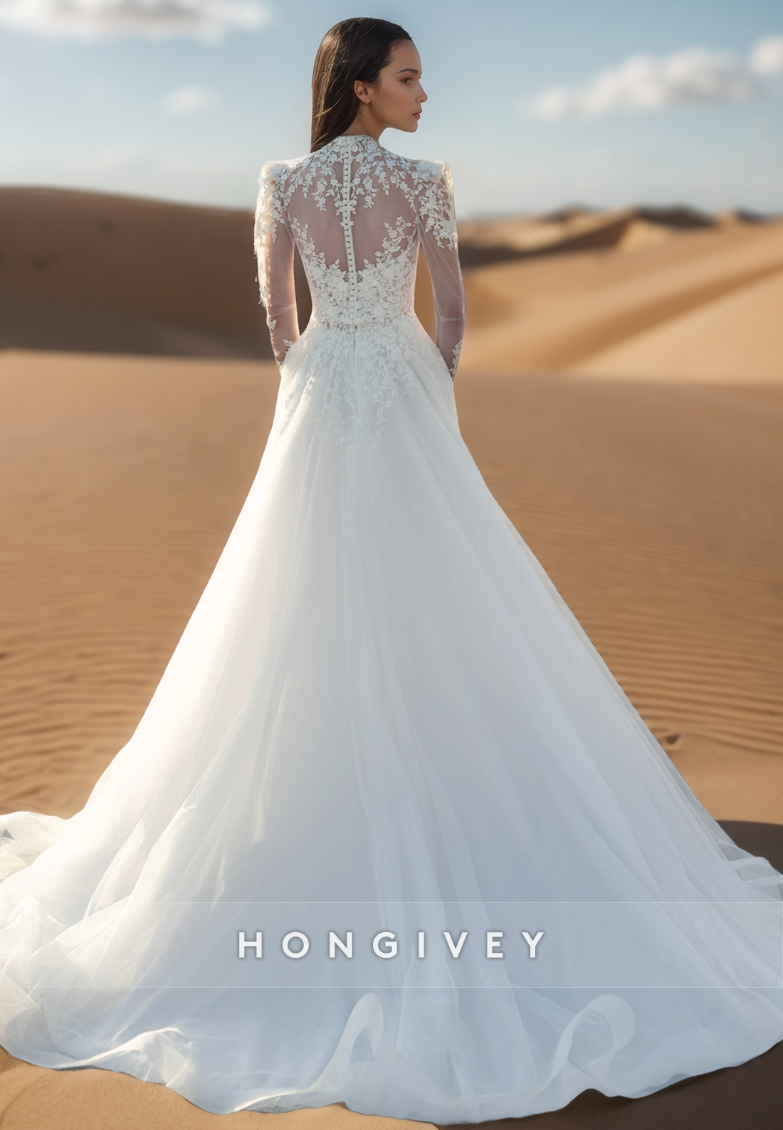 A-Line High Neck Sweetheart Lace Appliques Long Sleeves Wedding Dresses