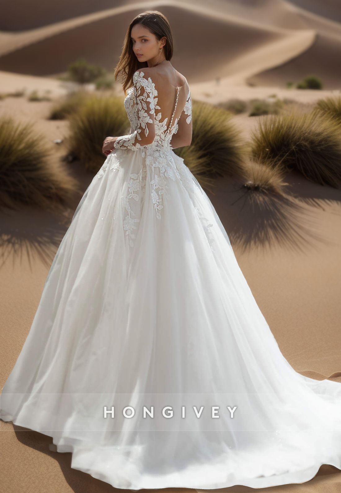 A-Line V-Neck Long Sleeves Open Back Wedding Dresse with Court Train
