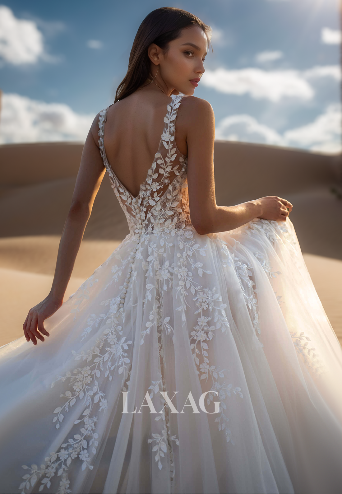 V-Neck Straps Off-Shoulder Sleeveless Bride Gowns Foliage Motif Applique Tulle A-Line Wedding Dress
