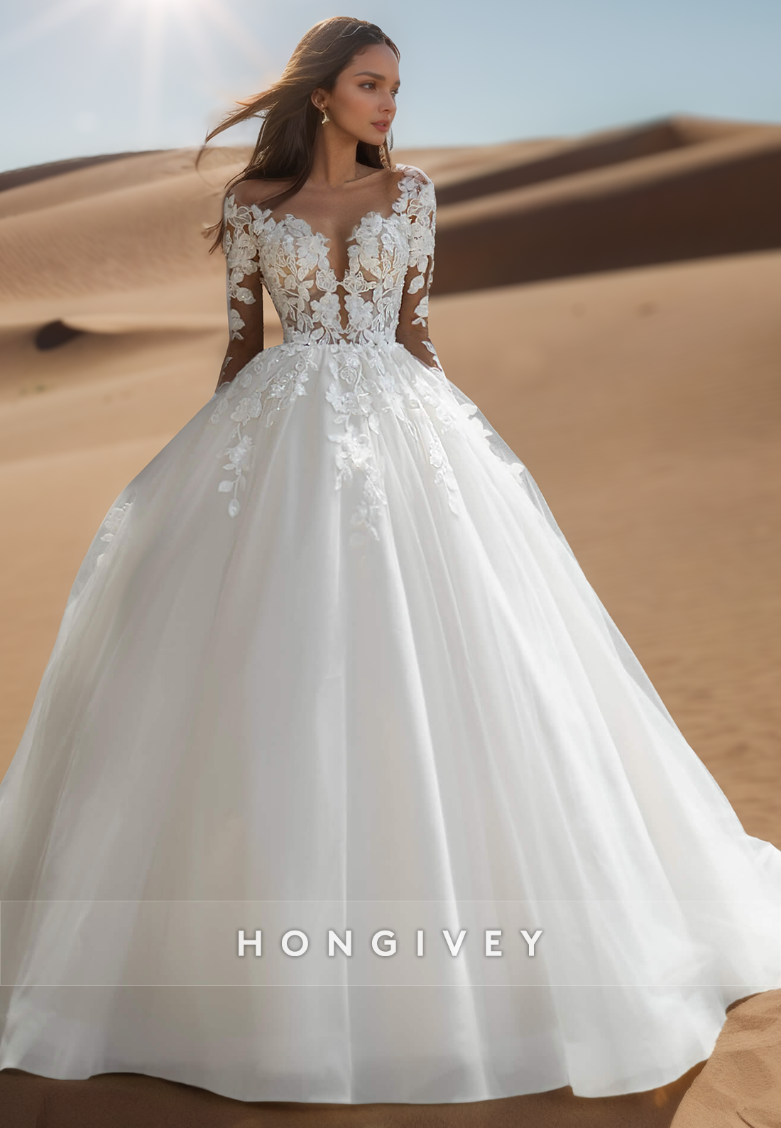 A-Line V-Neck Long Sleeves Open Back Wedding Dresse with Court Train