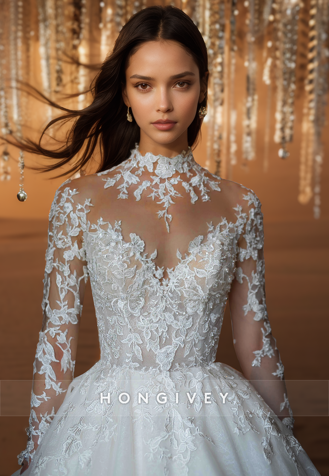 A-Line V-Neck Lace appliques Long Sleeves Beach Pleats Wedding Dresses