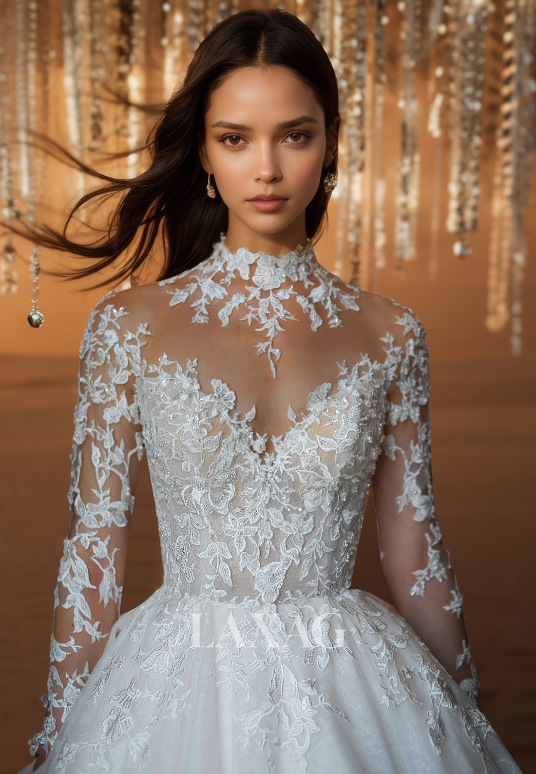 High-Neck Long-Sleeves Sheer Pleated A-Line Wedding Dress Beaded Sequined Applique Bride Gowns
