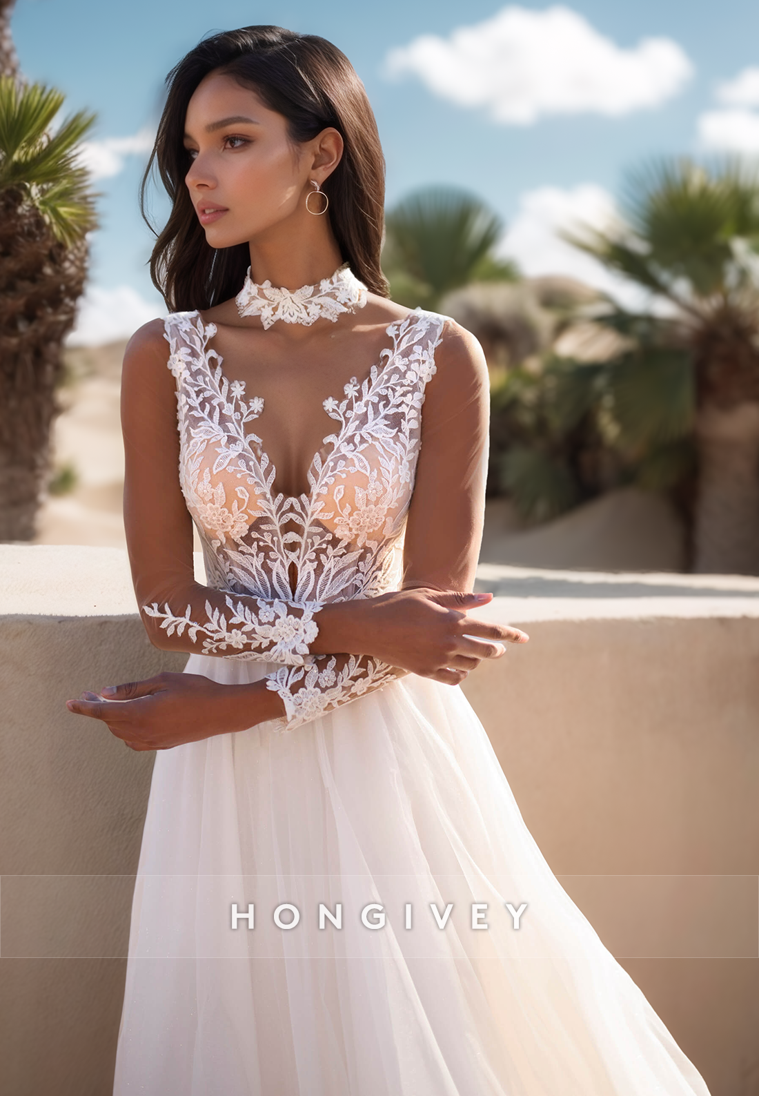 A-Line V-Neck Long Sleeves semi-transparent Lace Wedding Dresses