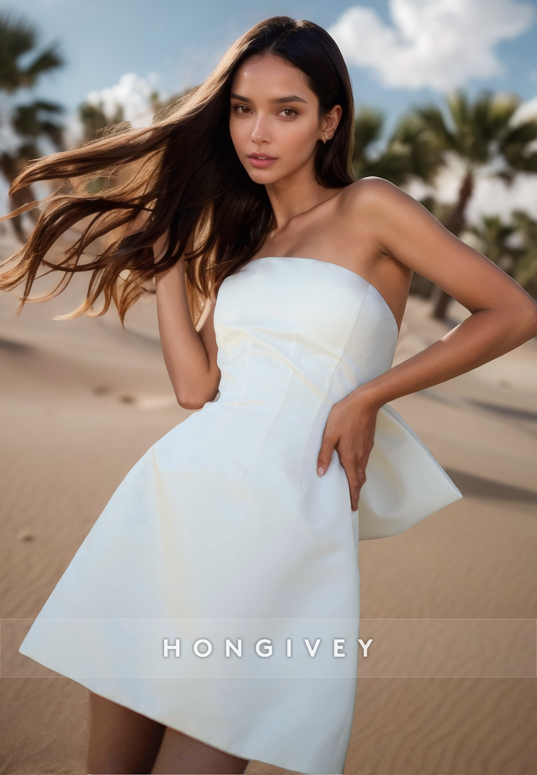 Above-Knee Strapless Bowknot Beach Wedding Dresses with Sweep Train