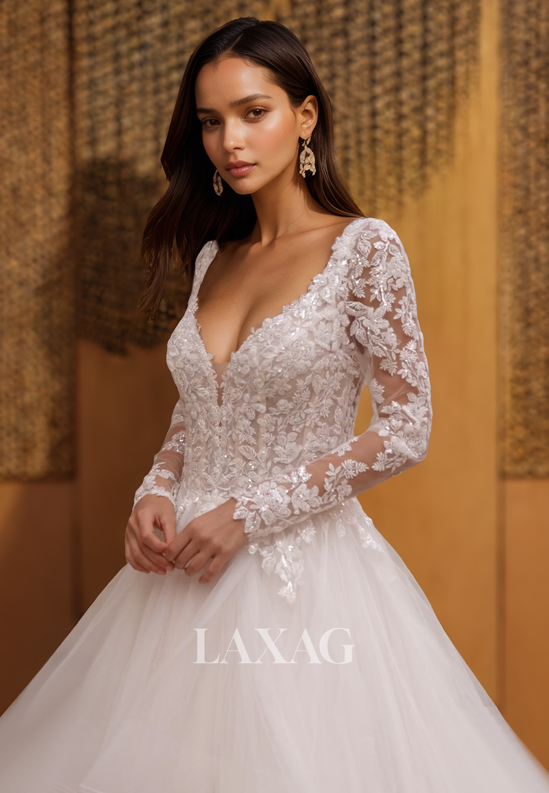 Deep V-Neck Long-Sleeves Pleats Sheer Bride Gown Applique Sequined Tulle Tiered A-Line Wedding Dress
