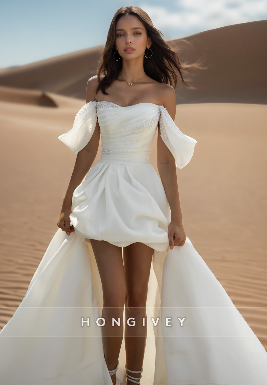 A-Line Off-Shoulder Beads bSweetheart Split Organza Wedding Dresses
